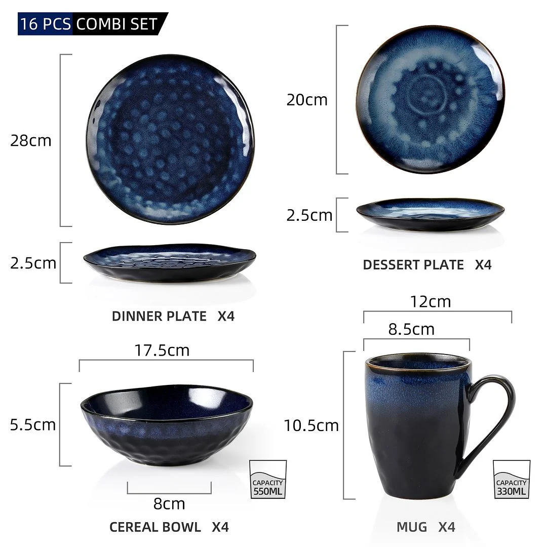 Vancasso,16-Piece Stoneware Dinnerware Set, Blue Dinner Set, Service for 4
