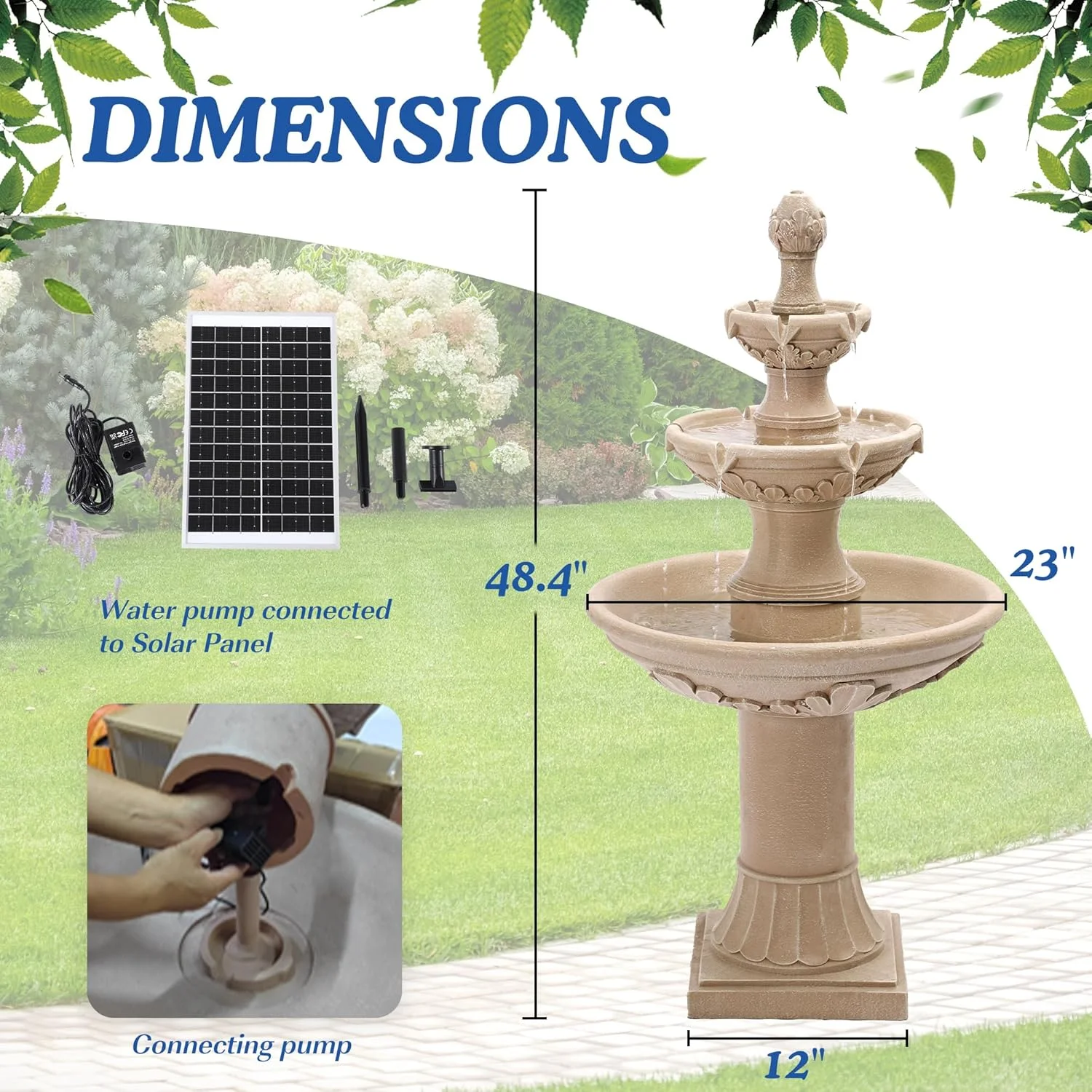 Magic Union Italian Solar Water Fountains Outdoor Garden Decor - 48.4''H Fountain and Waterfall, Large Cascading Indoor Floor-Standing Resin Bubbler Fountain Features W/Pump for Patio, Backyard