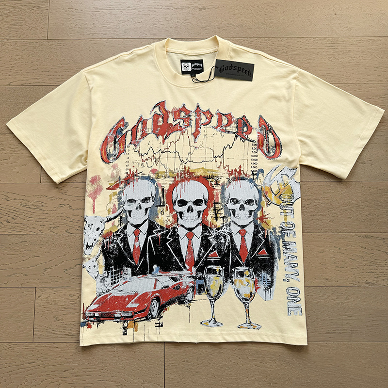 Suit with red tie, three-person skull print short-sleeved shirt