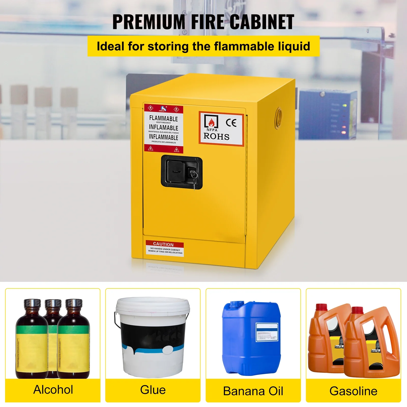 BENTISM Safety Cabinet for Flammable Liquids Single door and Manual Close Yellow Hazardous Storage 43 x 43 x 46CM