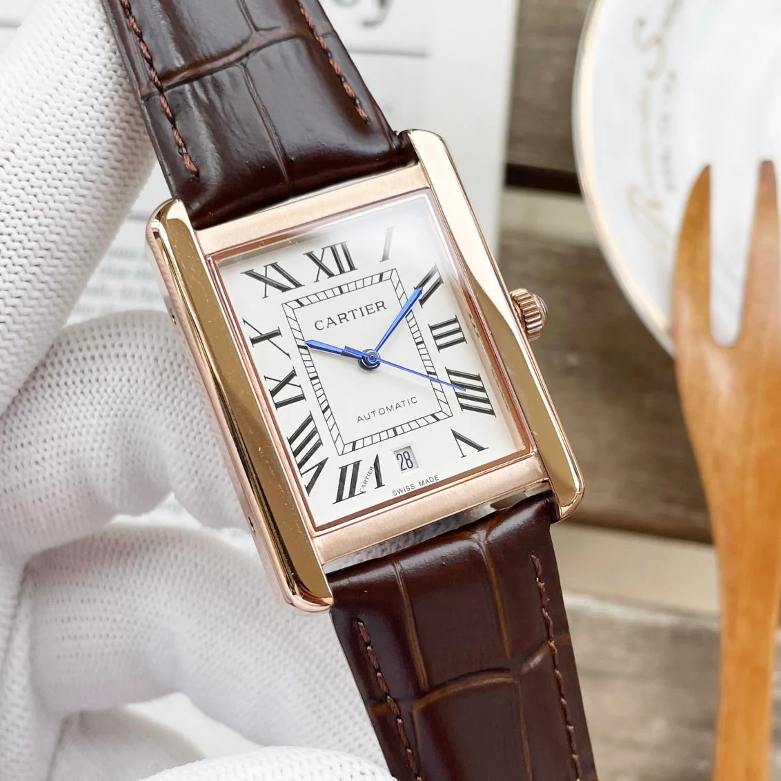 CARTIER Watch TANK MUST 31 LARGE SIZE PINK GOLD CASE CROCODILE LEATHER