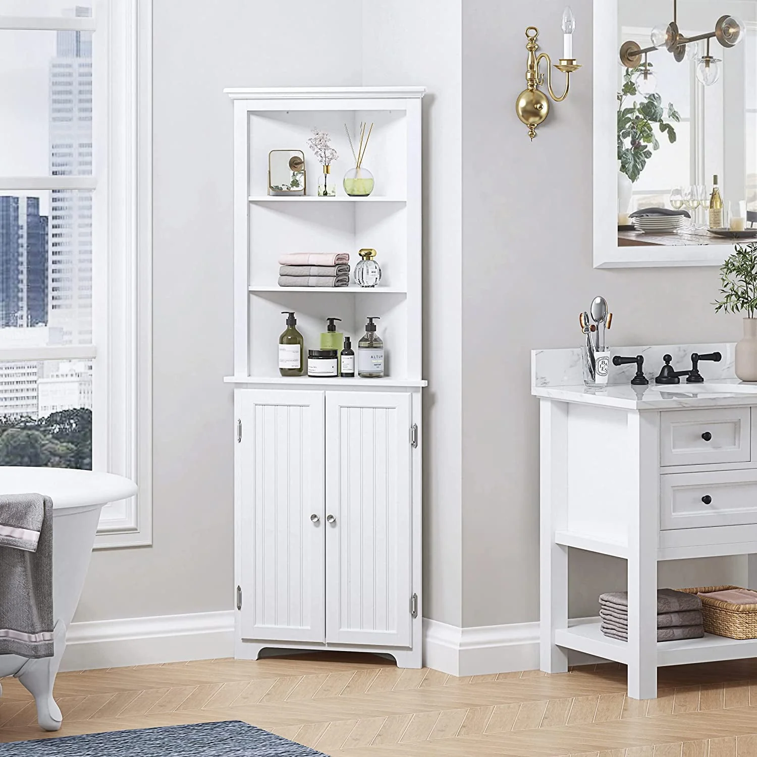 UTEX Tall Corner Cabinet, Free Standing Corner Storage Cabinet with Doors and Adjustable Shelves 23"W White