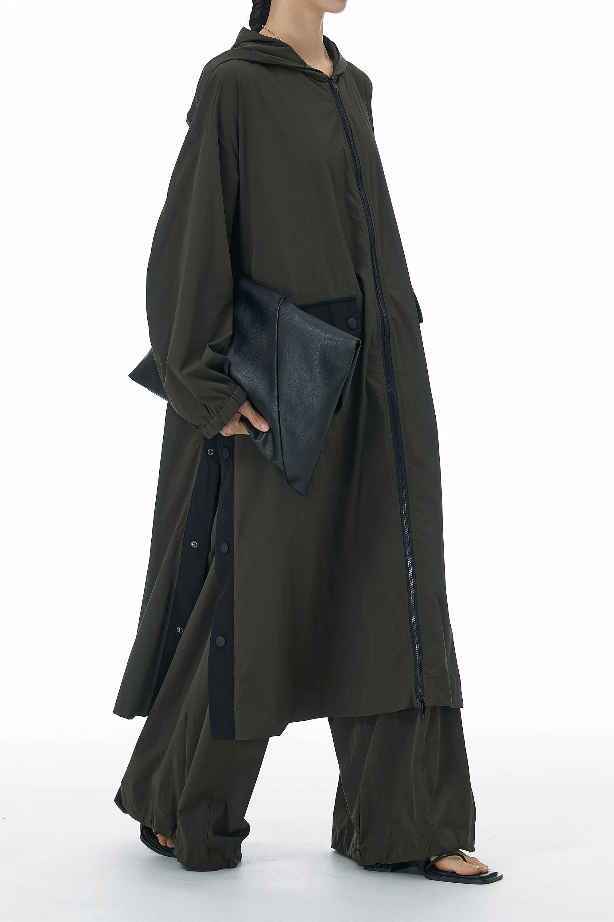 SnapHood Green Zippered Trench Coat