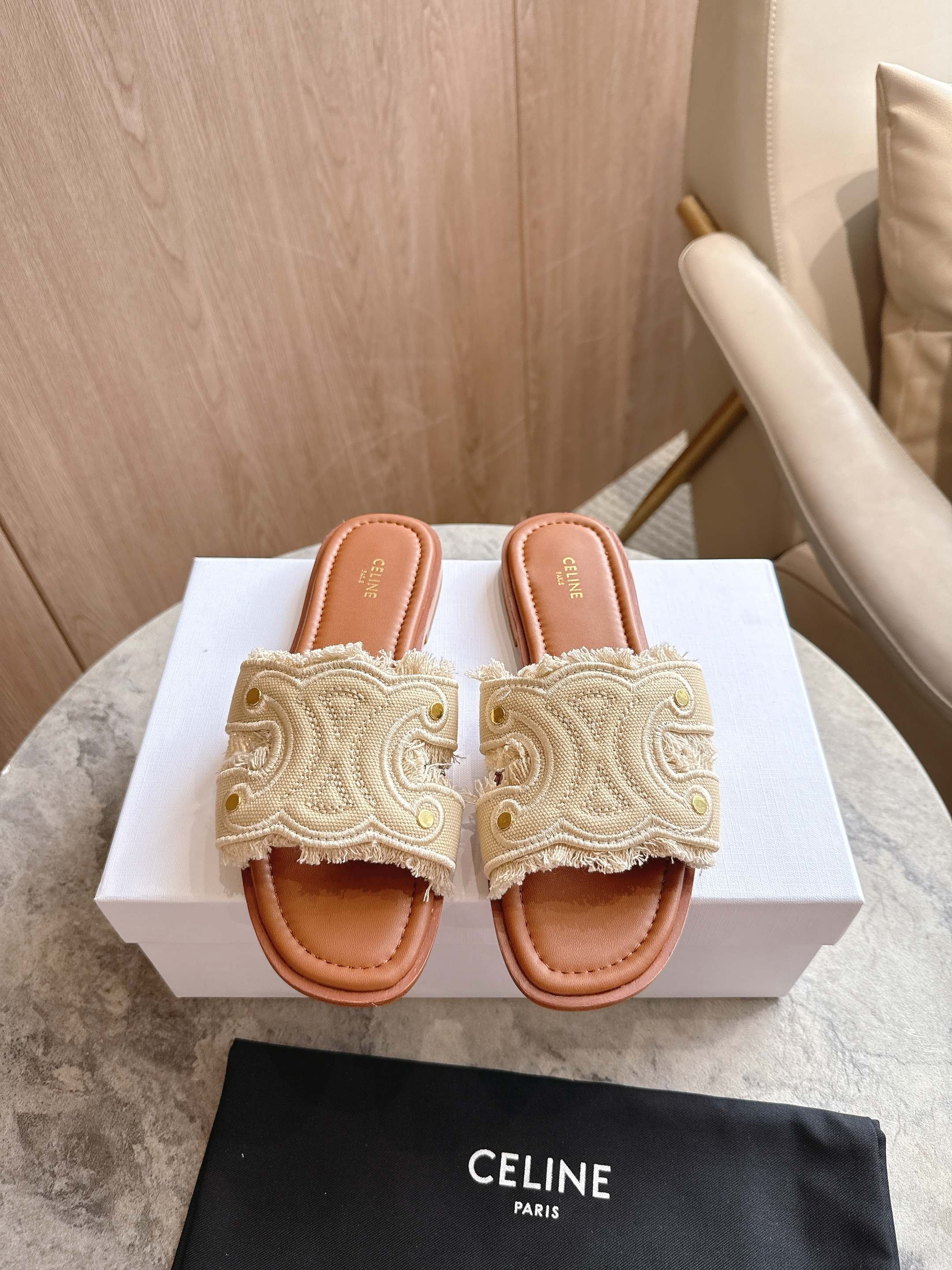 Celine Triomphe Logo Aged Gold Studs Embroidered Featuring Raw Fringe Canvas Flat Sandals