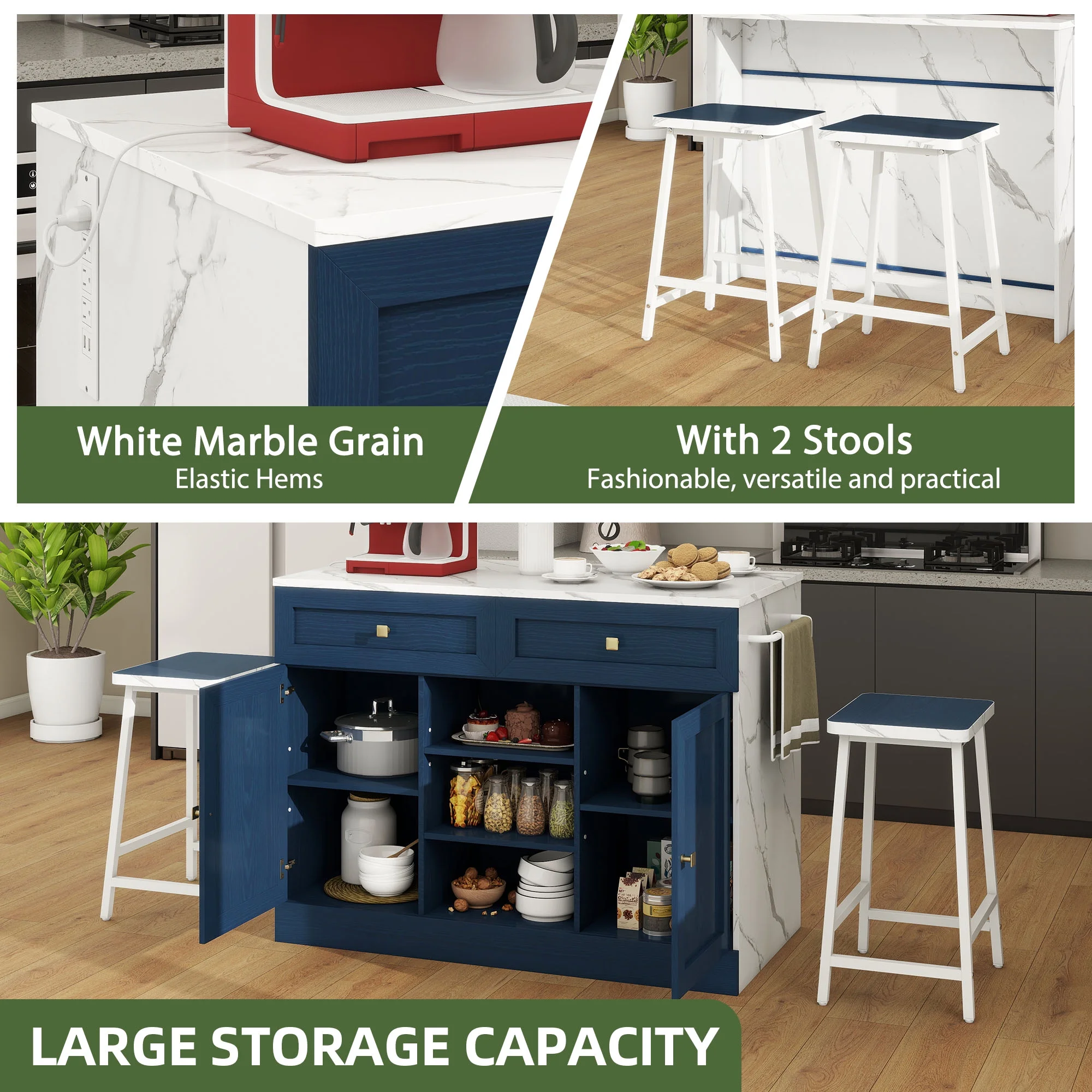 Uforic Kitchen Island Table with 2 Stools & Power Outlets, Kitchen Furniture with Storage, Navy Blue