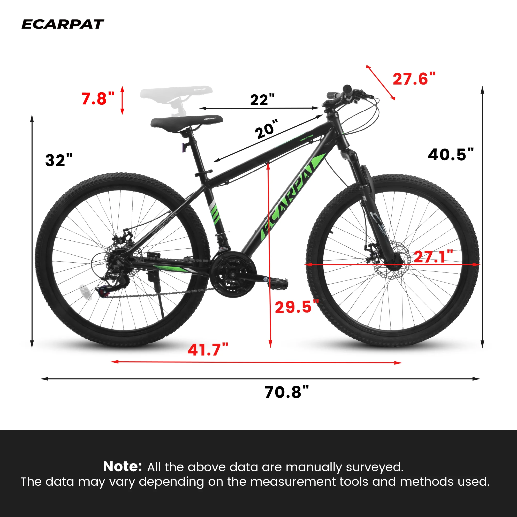 27" Mountain Bike, 21-Speed Dual Disc Brakes with Aluminum Frame – Black