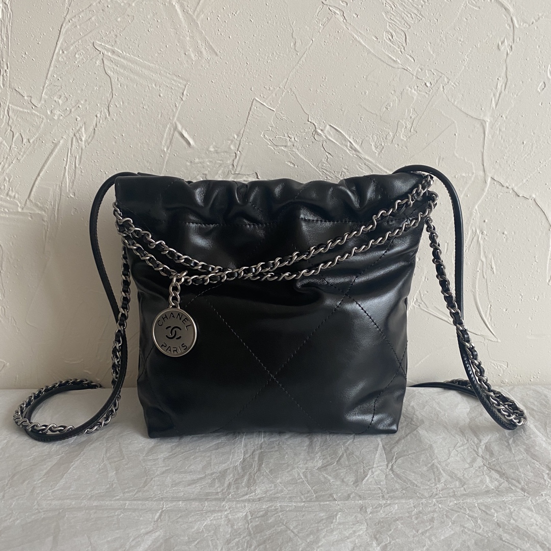 Chanel 22 Mini Handbag Shiny Calfskin & Silver-Tone Metal Black