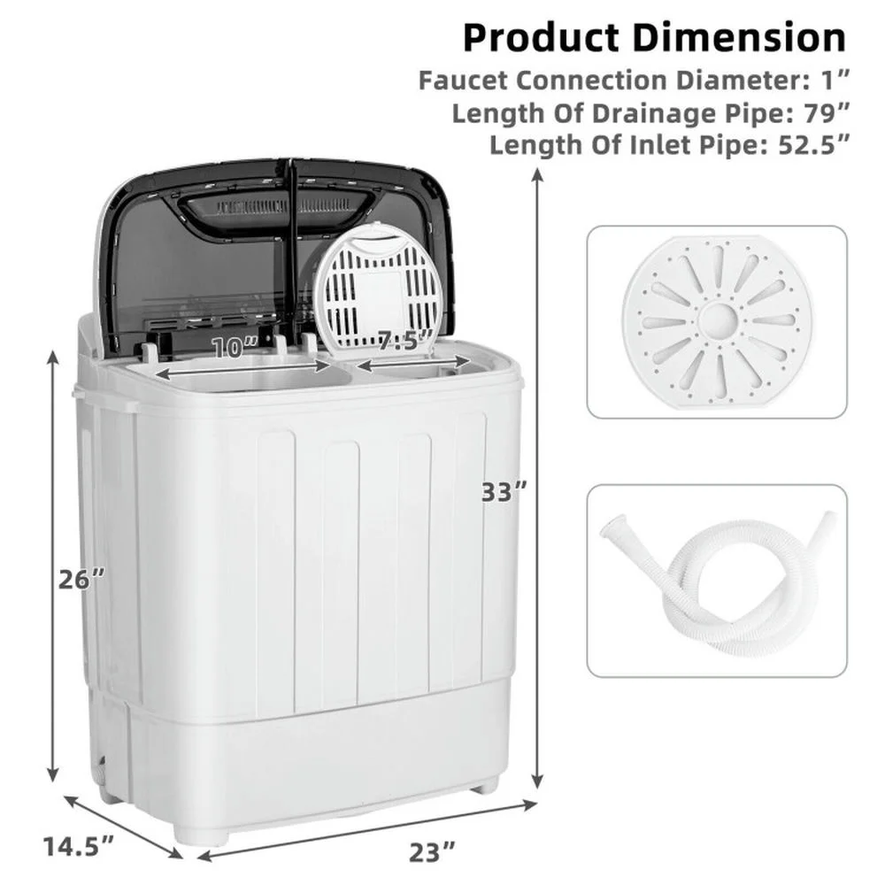 Spaco 8 Lbs Compact Mini Twin Tub Washing Spiner Machine for Home and Apartment, Super Compact Washing Machine, Portable Washing Machine for Indoor, Black