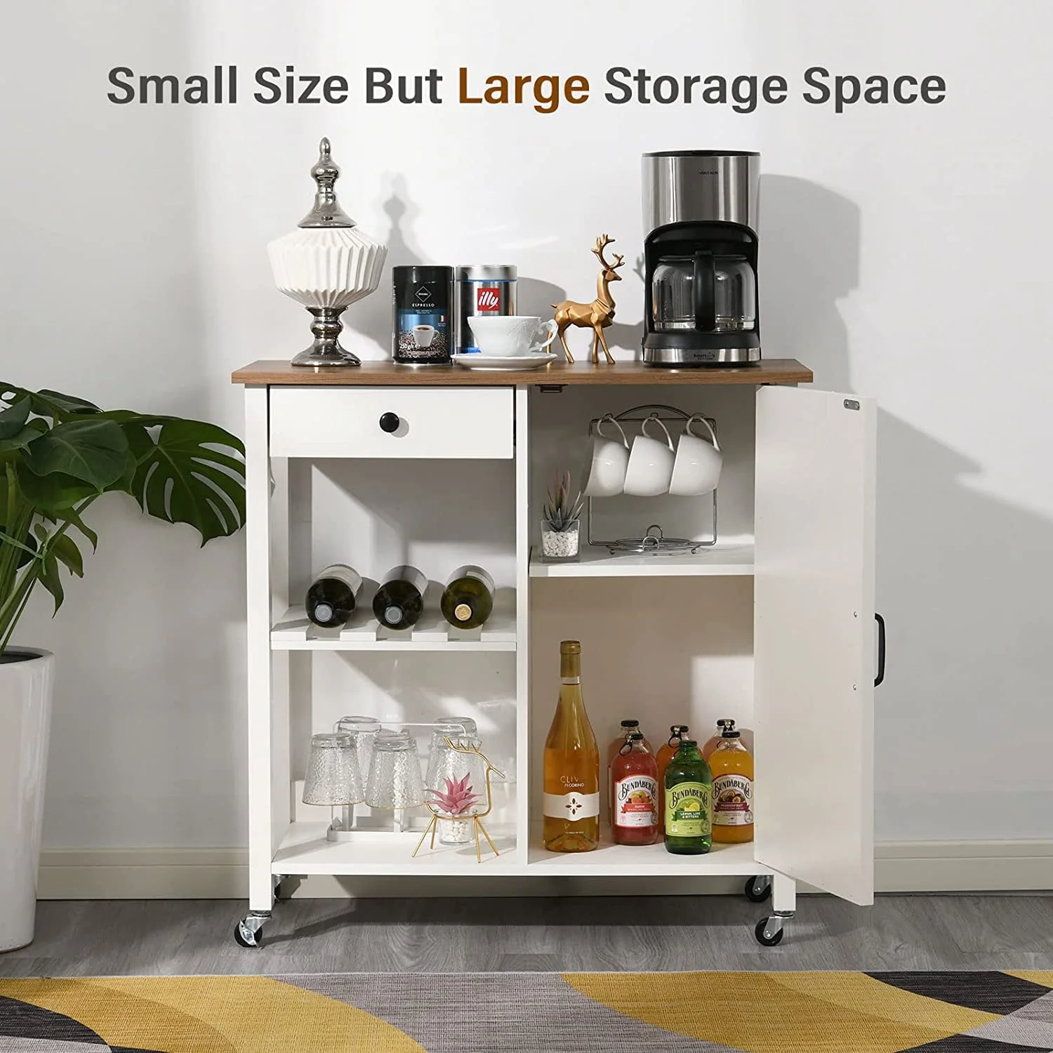 Catrimown Farmhouse Kitchen Cart, Rolling Kitchen Cart  with Storage, Microwave Stand Coffee Cart, White