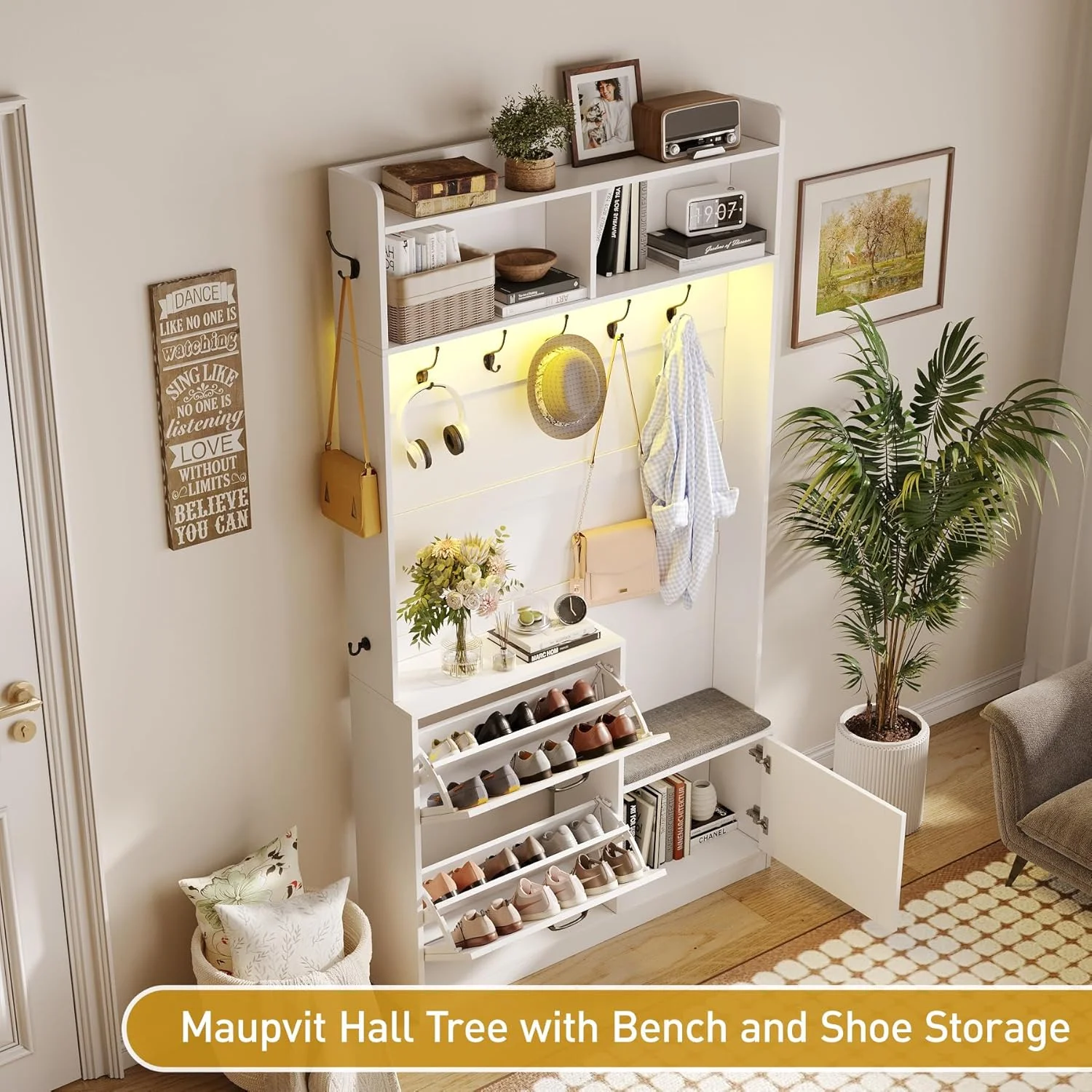Vabches 5 in 1 Hall Tree, 78" Narrow Entryway Bench with  LED Light, Coat Rack and Shoe Storage, Hall Tree with Cushioned Stool & Hooks for Hallway, Living Room, Mudroom