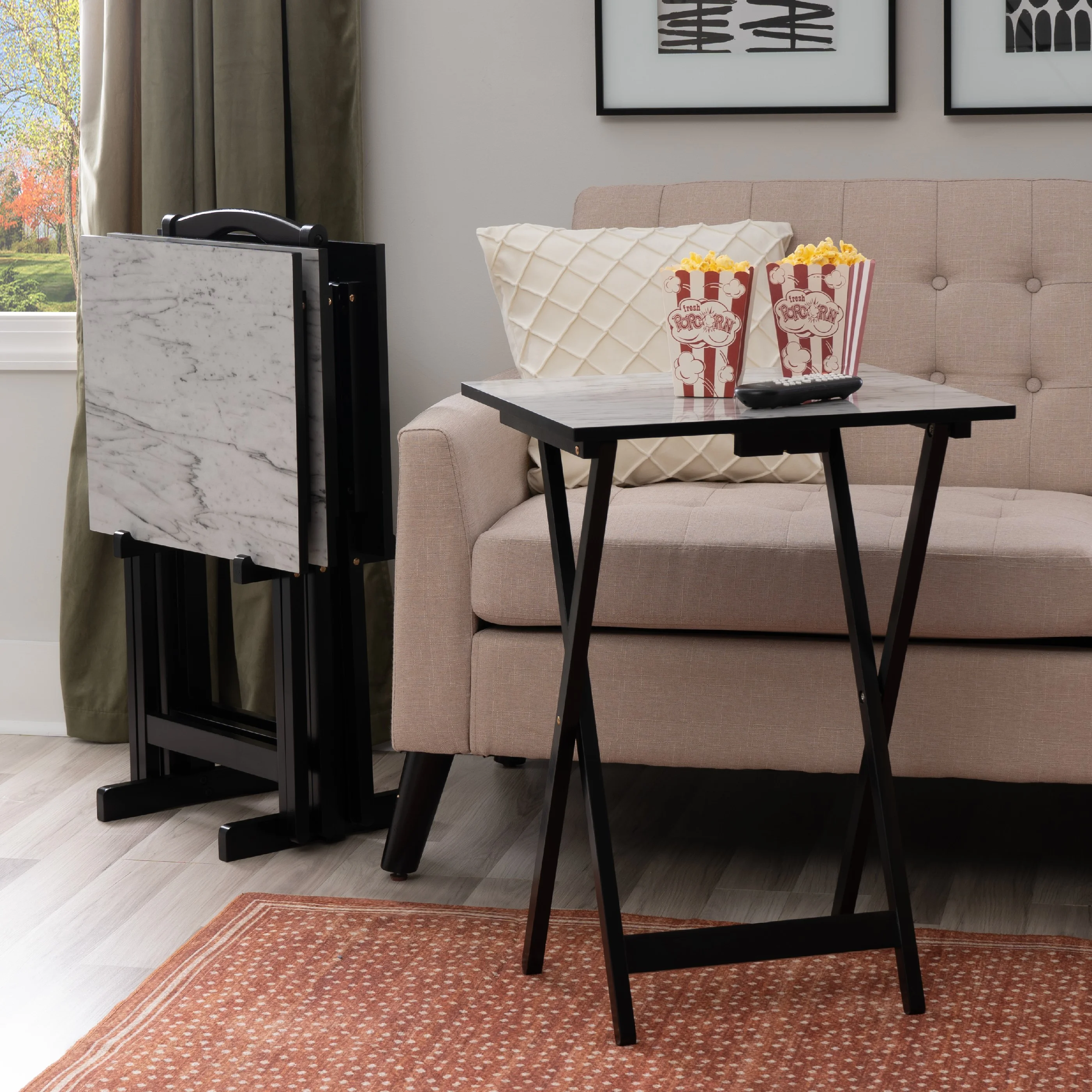 Linon 5-Piece Wood and Faux Marble Folding TV & Snack Tray Table Set, White