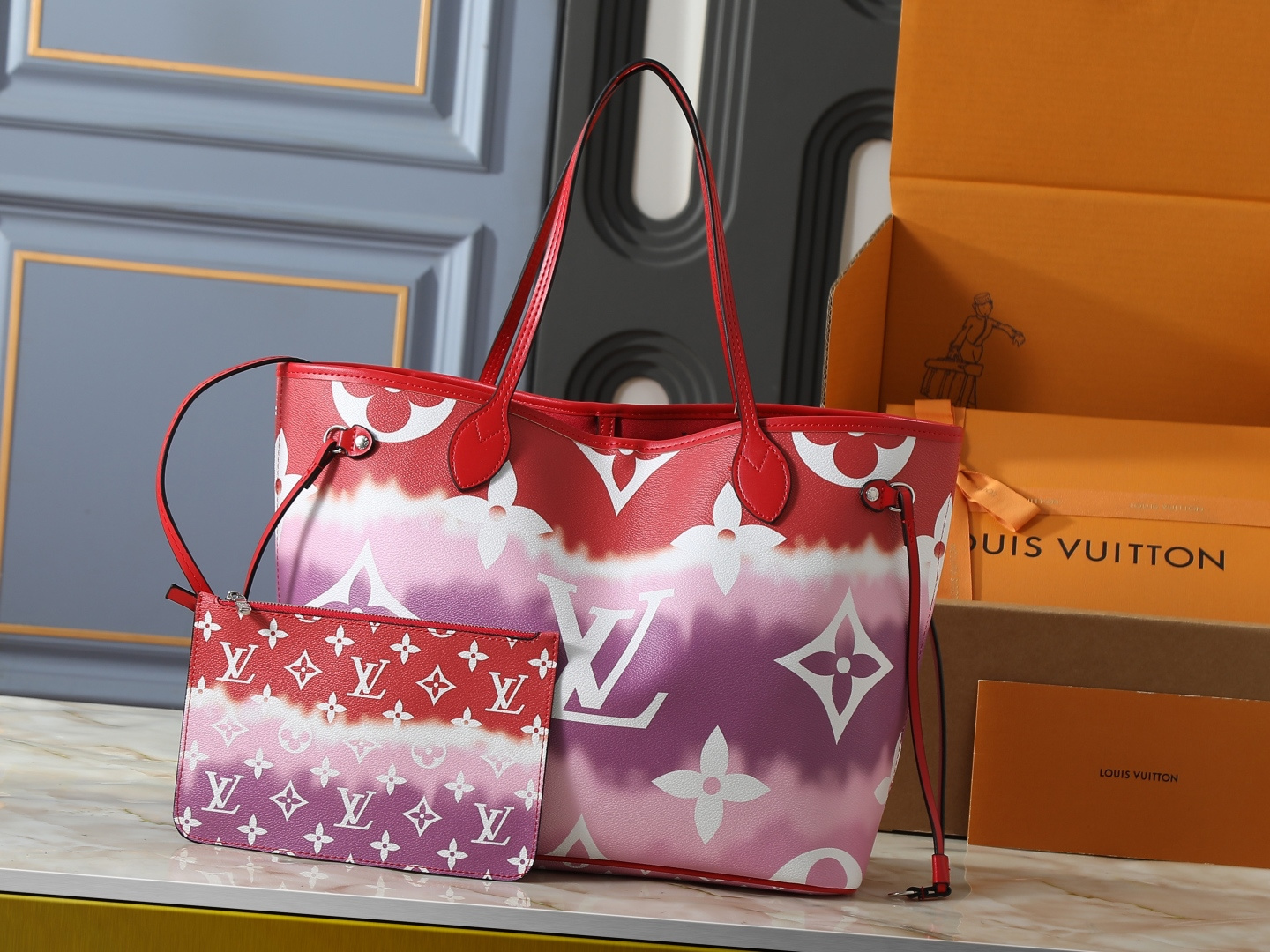 LV Neverfull MM Escale Red Pink Monogram Canvas Leather Tote Shoulder Bag With Pouch