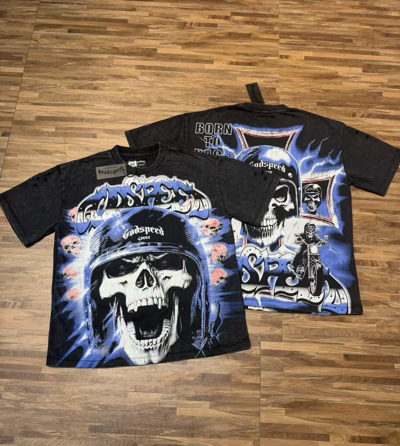 Black cool helmet skull print short-sleeved T-shirt