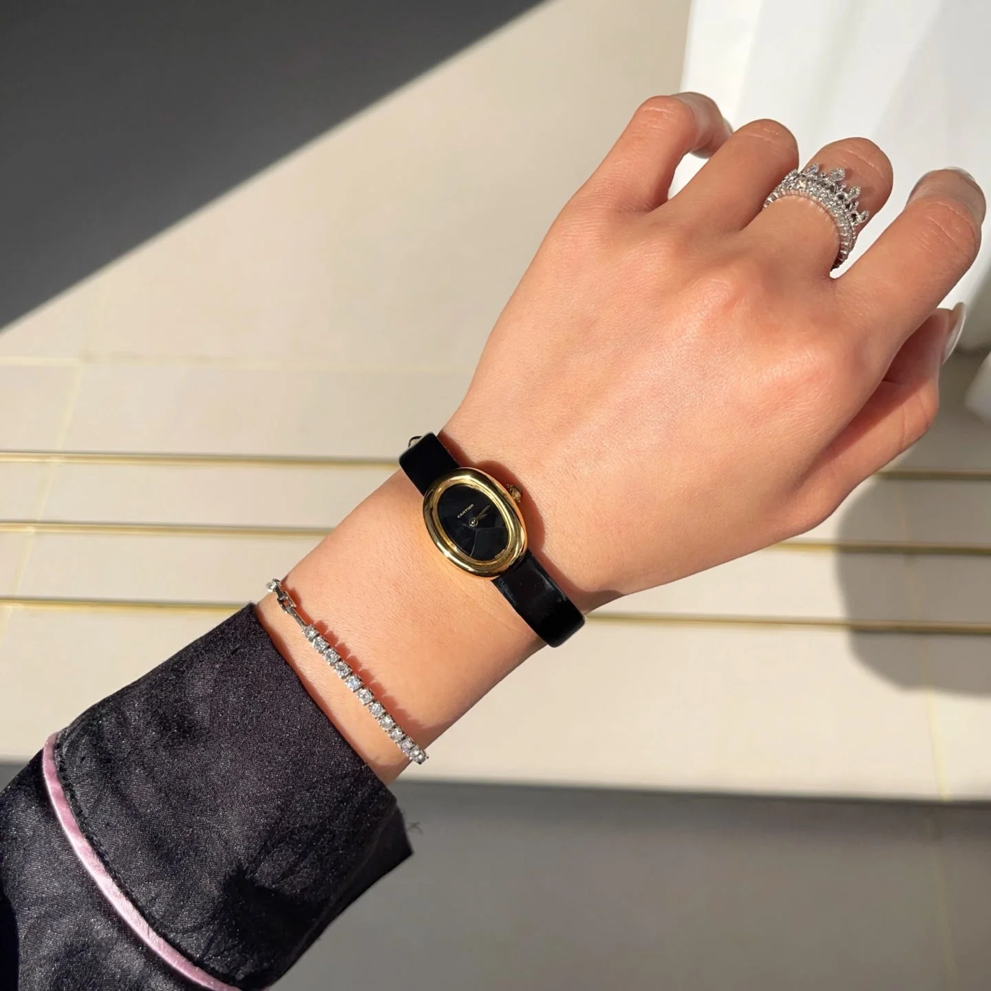 Cartier Watch Baignoire Gold Case Black Leather Black Dial