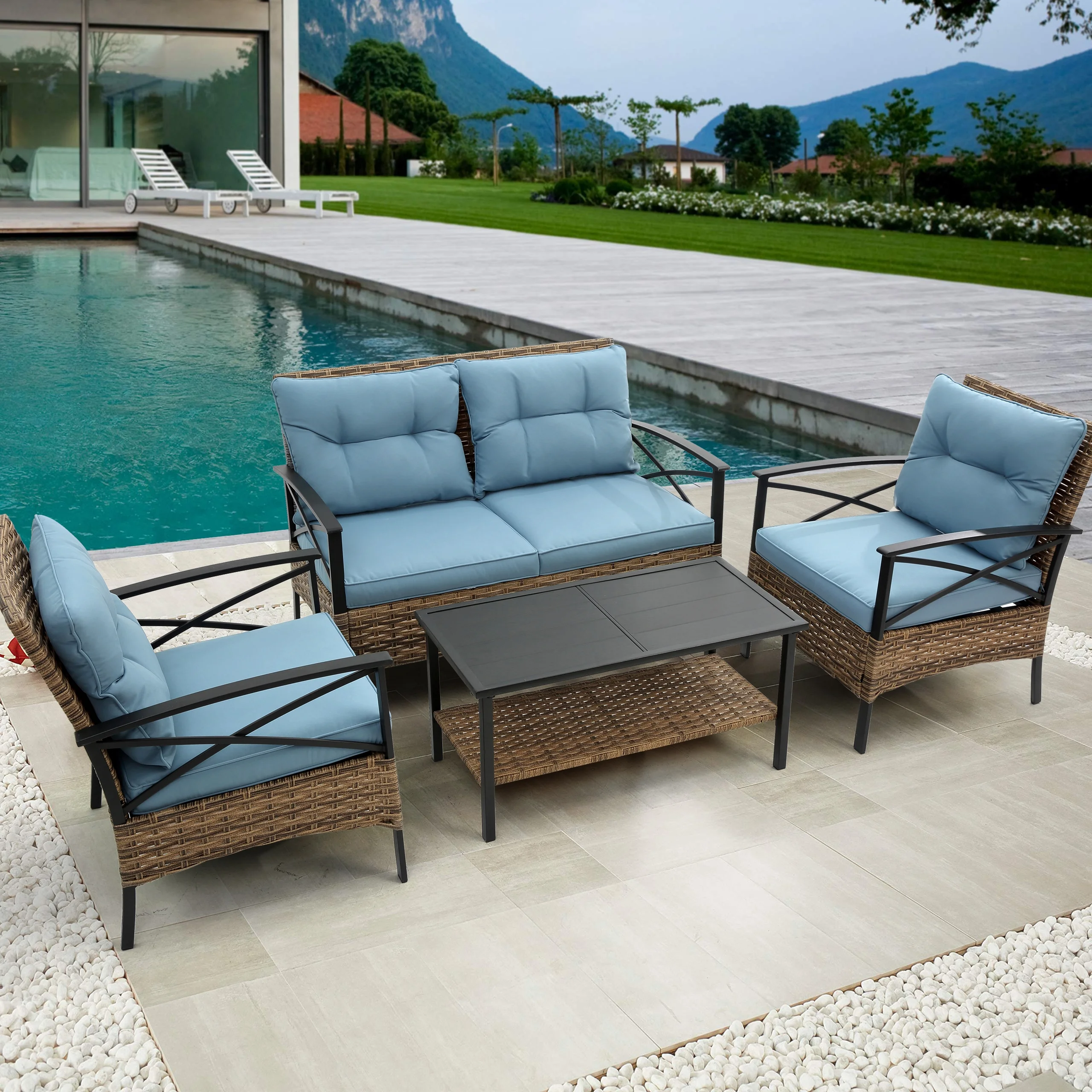 4-Piece Patio Conversation Sets, 2025 Upgrade All-Weather Wicker Patio Furniture Set w/Seat Cushions & Tempered Glass Coffee Table, Outdoor Patio Sets for Porch Poolside Backyard Garden, 705lbs