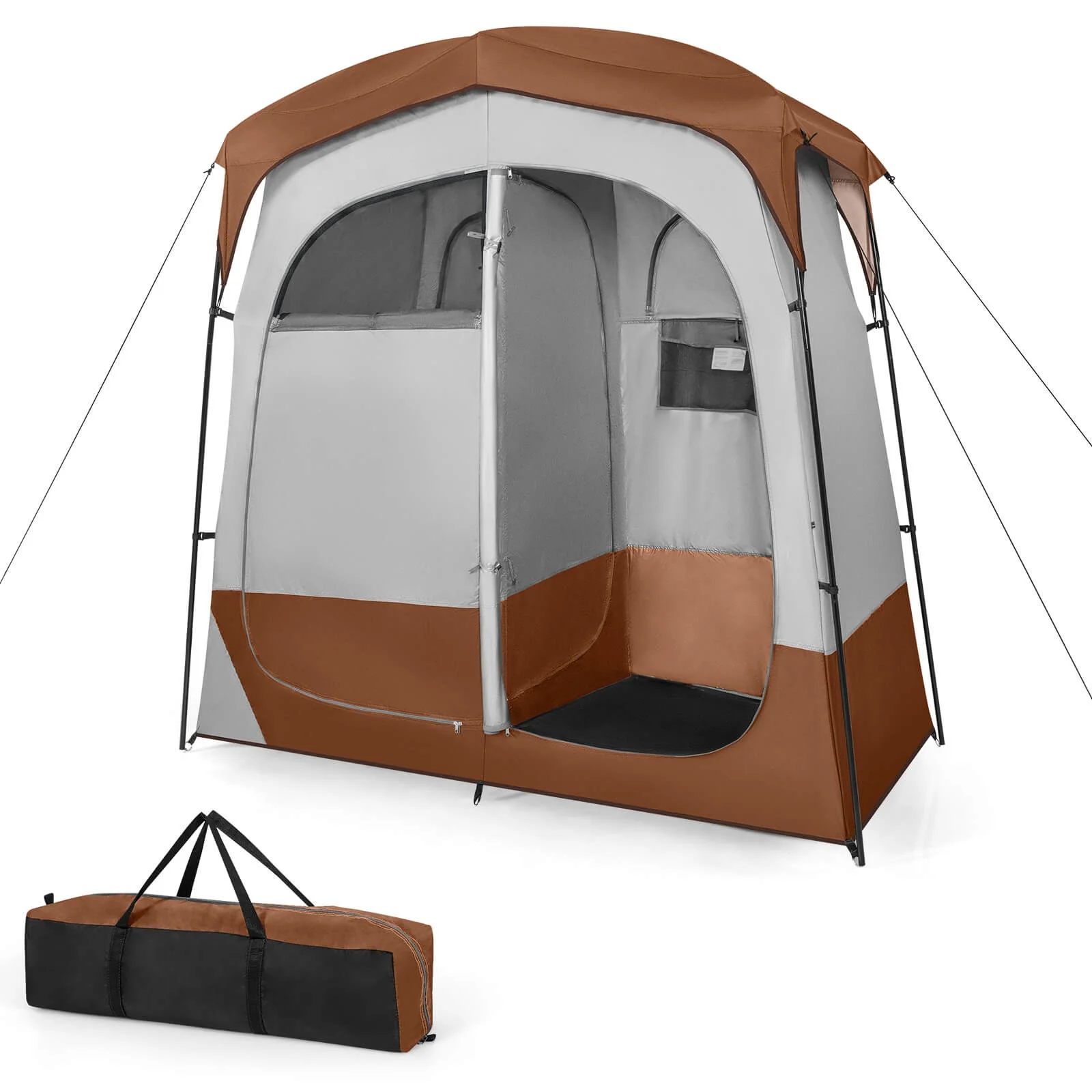 Favory Double-Room Shower Tent, Oversize Space Privacy Shelter for Camping with Floor, Portable Camping Changing Tent with Removable Rain Fly, Storage Bag for Dressing, Toilet,Brown