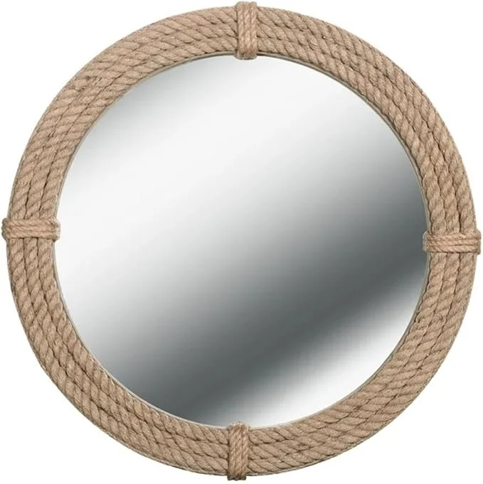 Round Jute Wall Mirror Decorative Wall Mounted Nautical Themed Rustic Rope Mirror with Hanging Loop, Handcrafted Vintage Nautical Design, Brown (18 Inch)