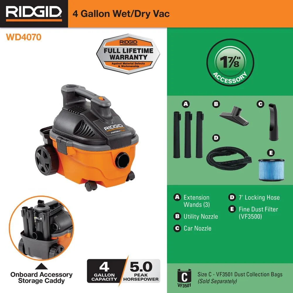 4 Gallon 5.0 Peak HP Portable Shop Vacuum Wet Dry Vac with Fine Dust Filter, Locking Hose and Accessory Attachments