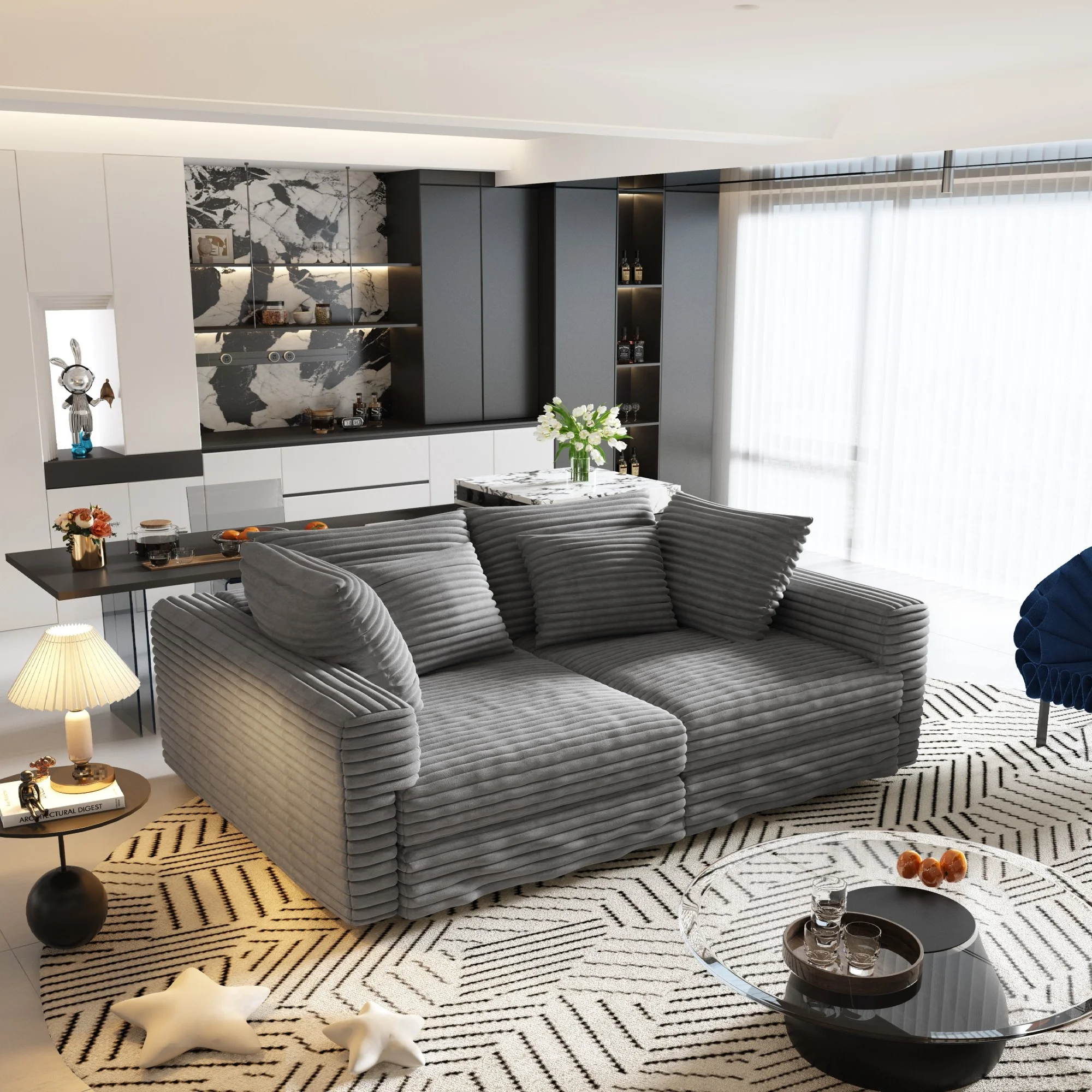 102.4 " Modern Sectional Sofa Couch,Convertible Sofa Plush Corduroy 4-Seat Upholstered Sofa with Soft Pillows for Living Room Bedroom,Grey