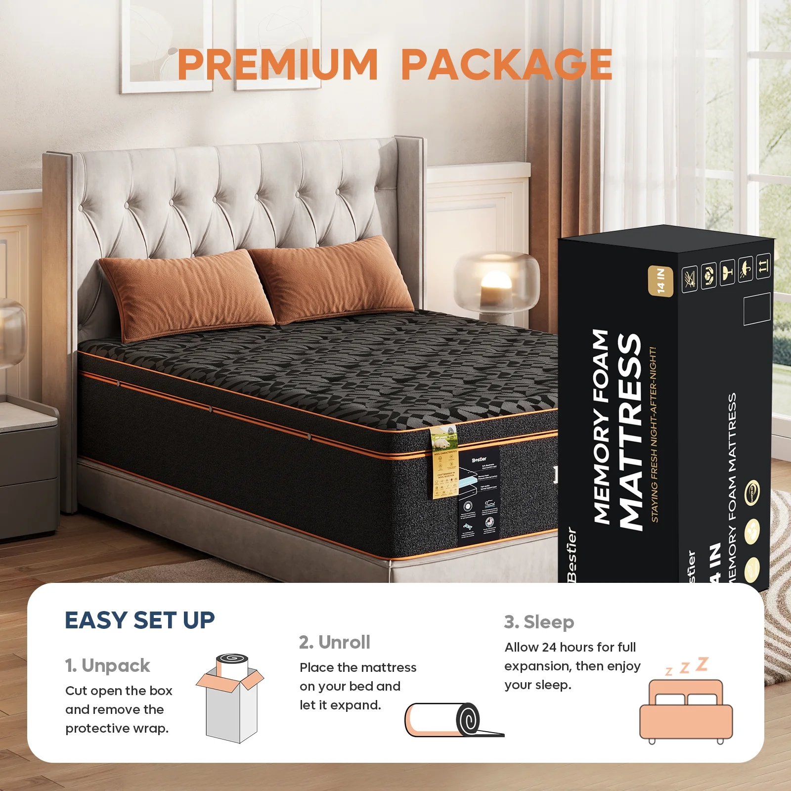 12" Gel Memory Foam Queen Mattress with Plush Pillow Top | CertiPUR-US Certified | Bestier Bed Mattress in a Box for Side Sleeper, Black