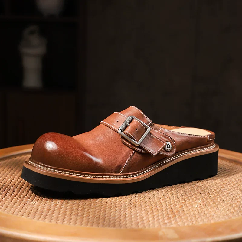 Hand-washed horse leather thick-soled cool slippers