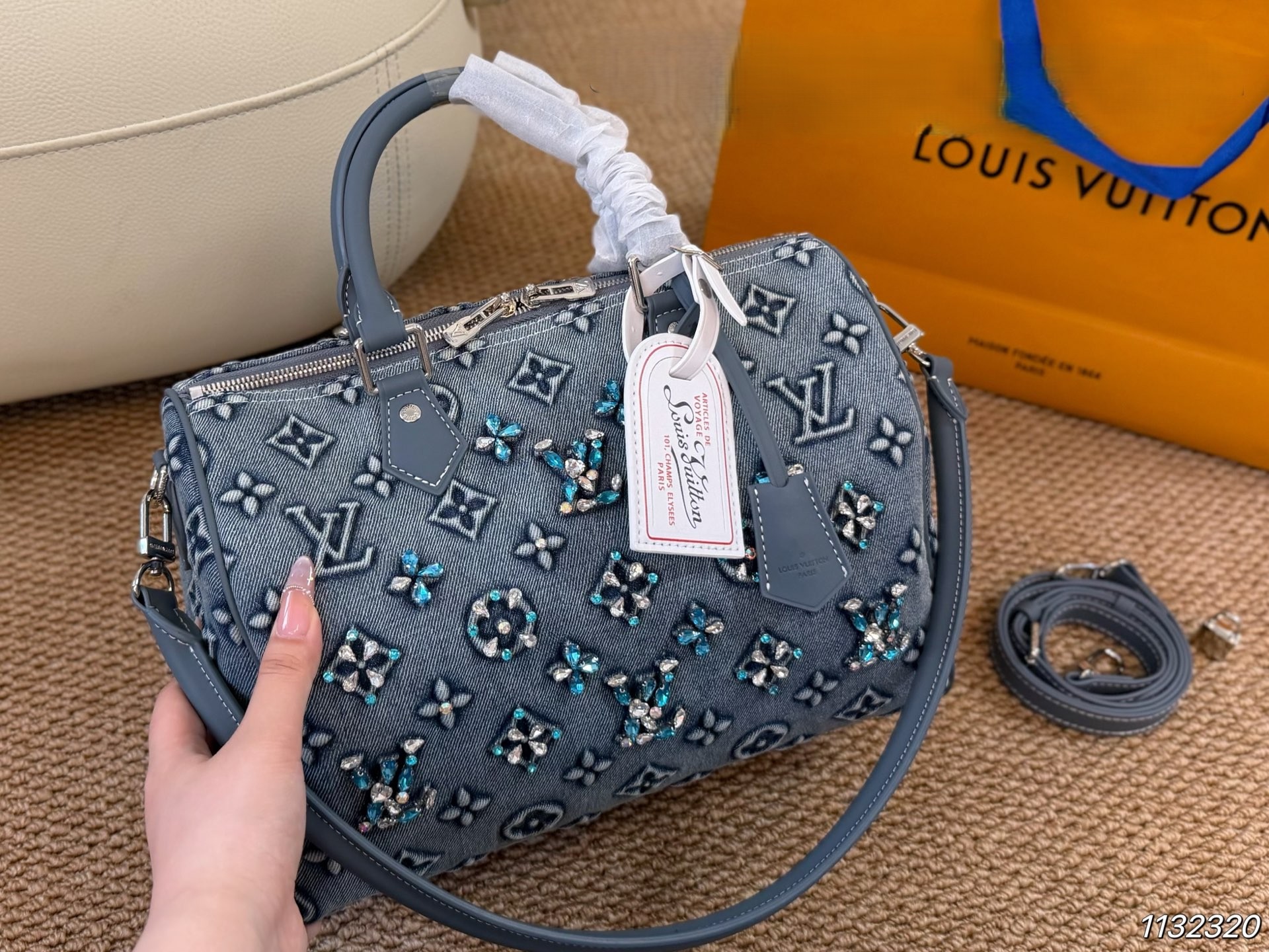 LV Speedy 20/30 Monogram Jacquard Grey Denim Crystal Inlaid Boston Top Handle Bag
