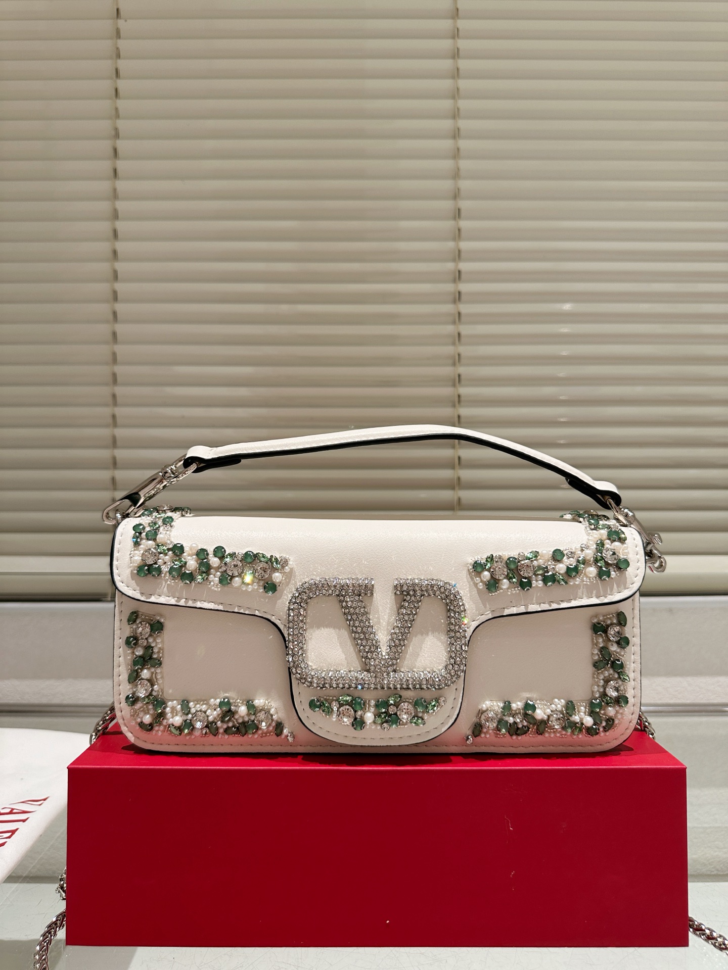 Valentino Loco Jewel Medium Leather Crystal Pearl Bead-Embroidered VLogo Flap Chain Horizontal Shoulder Bag