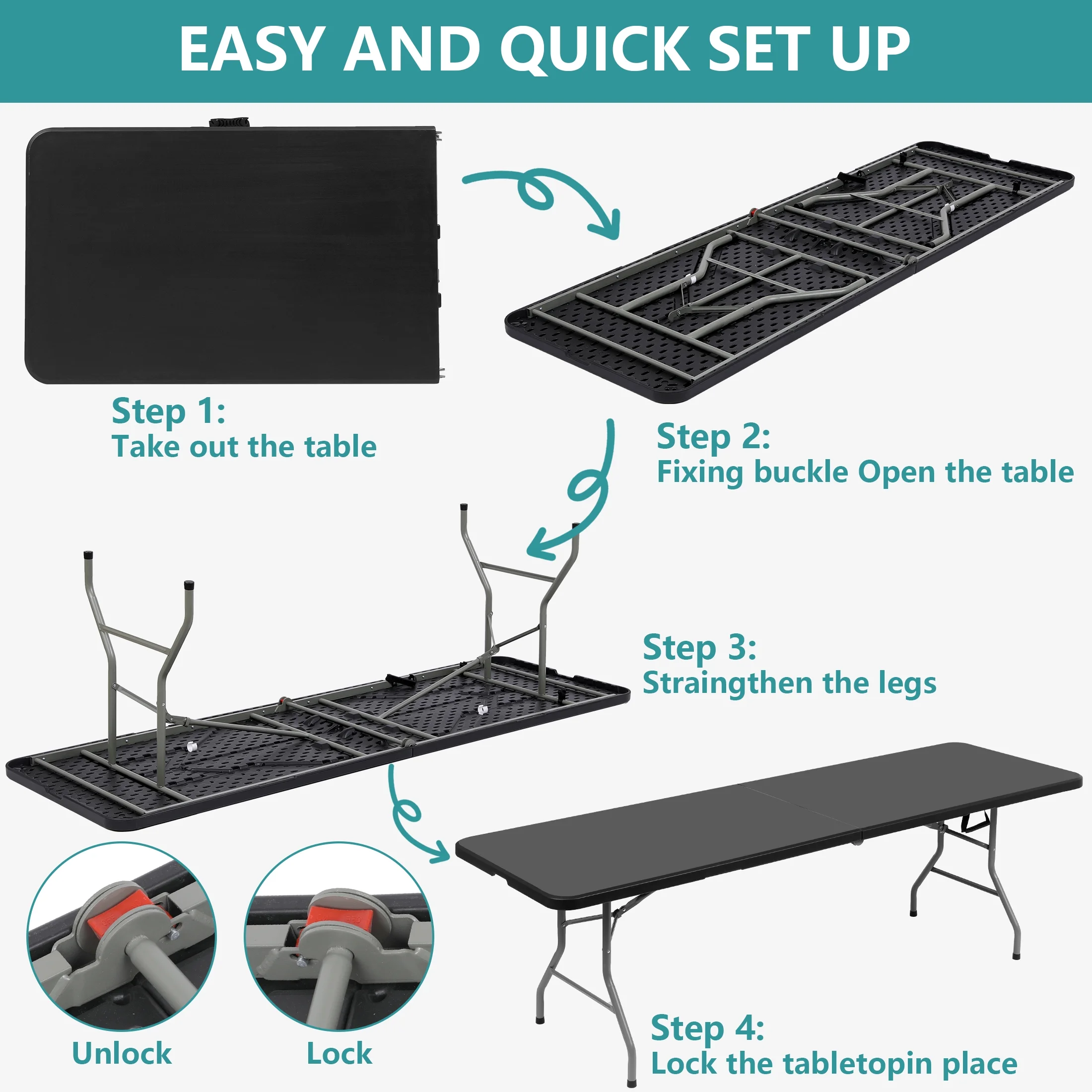 Harigal 8ft Folding Table Portable Fold-in-Half Design with Handle, Large Folding Table for Indoor Outdoor Events, Black