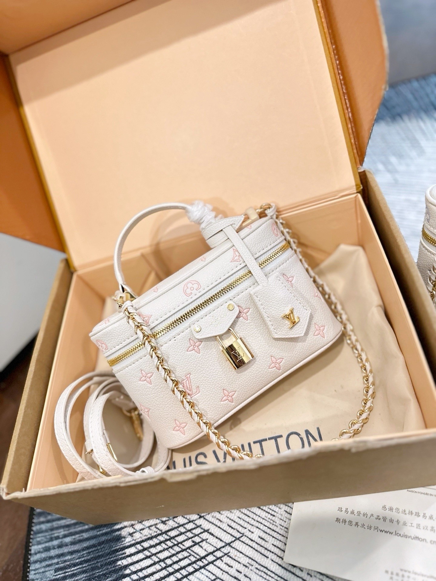 LV Mini Nice Vanity Cream Base Pink Embossed Monogram Crossbody Top Handle Bag