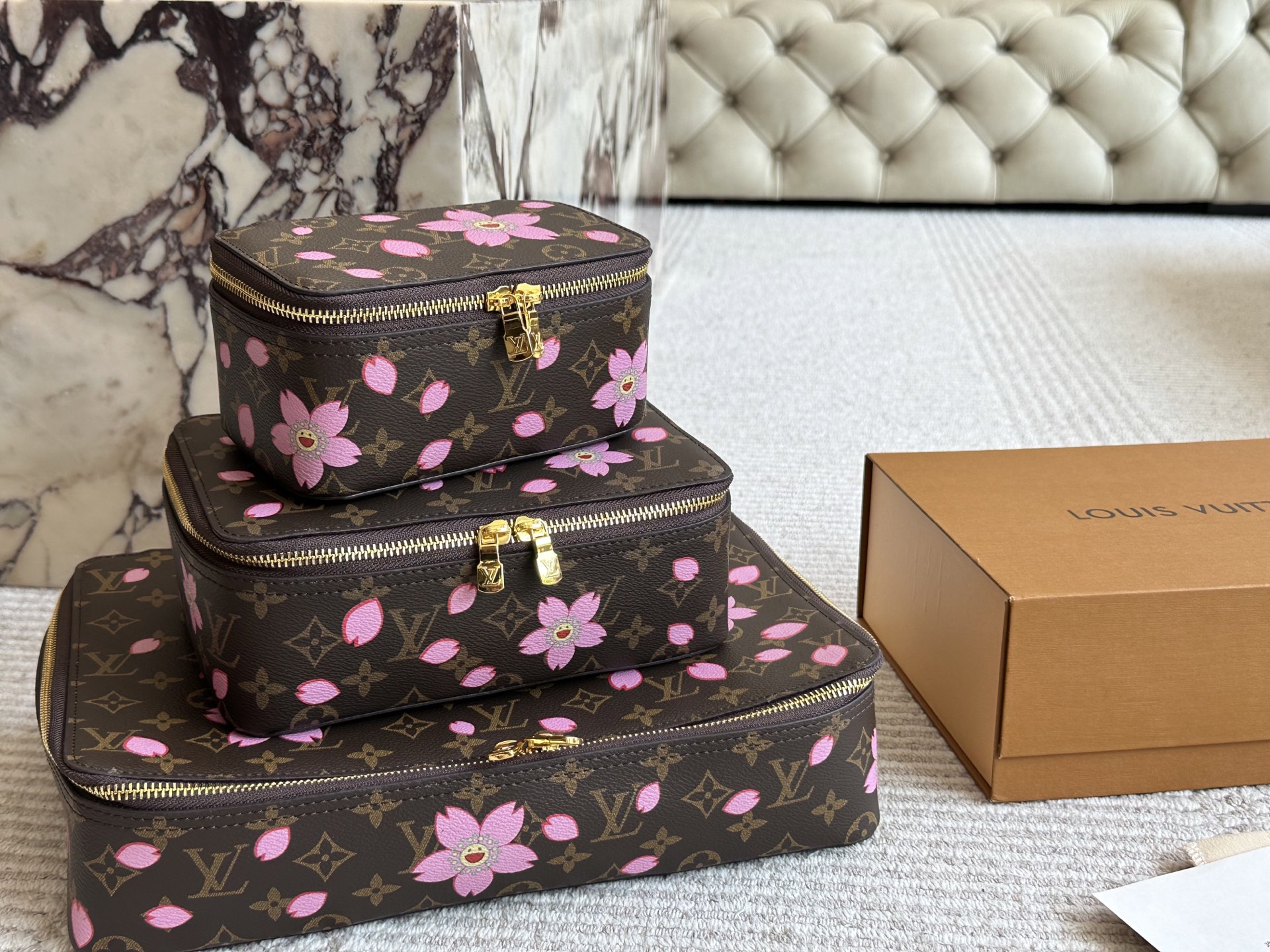 LV x TM Monogram Cherry Blossom Canvas Nice Vanity Jewelry Case Travel Top Handle Bag
