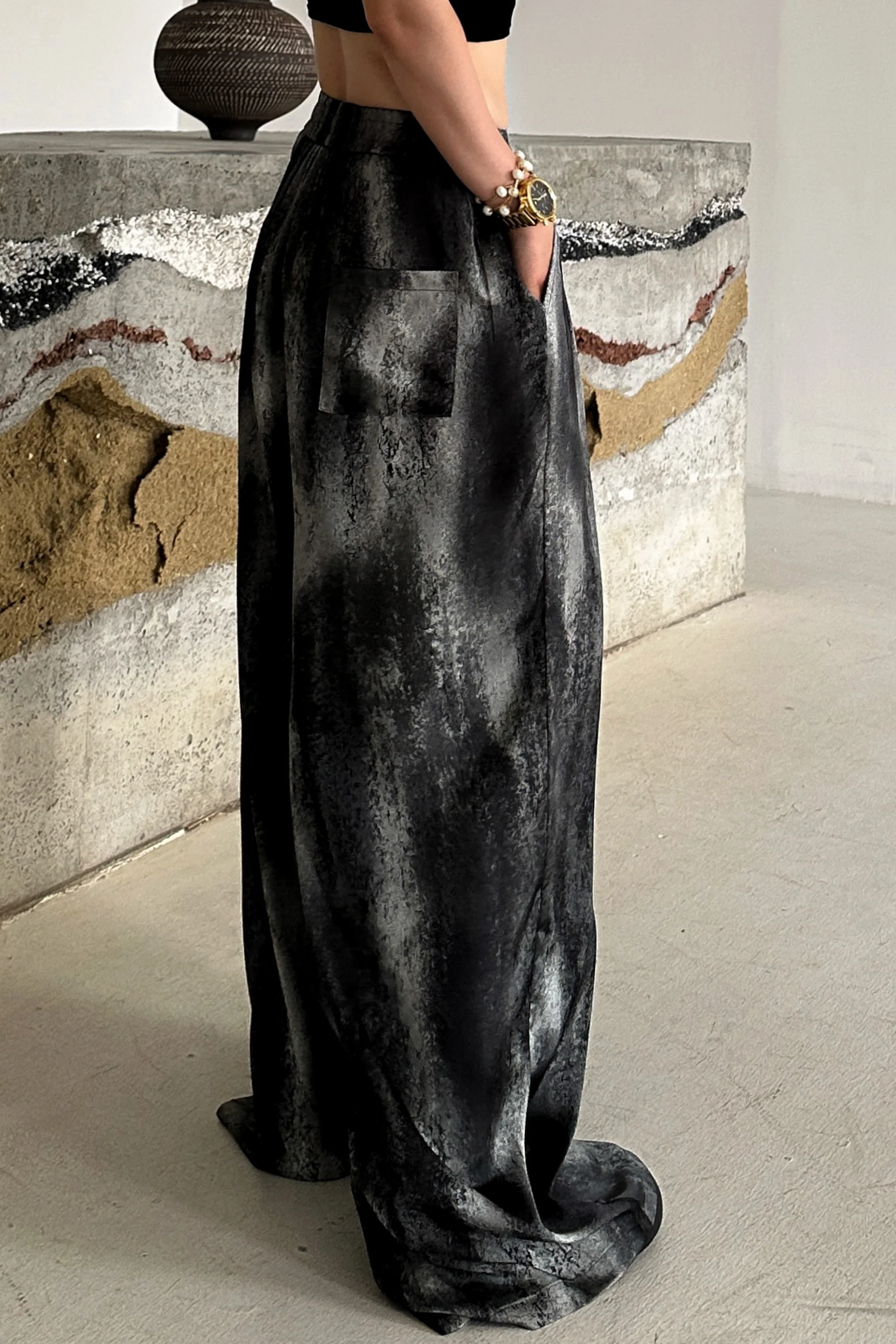 Grey And BlackTie Dye Satin Pant