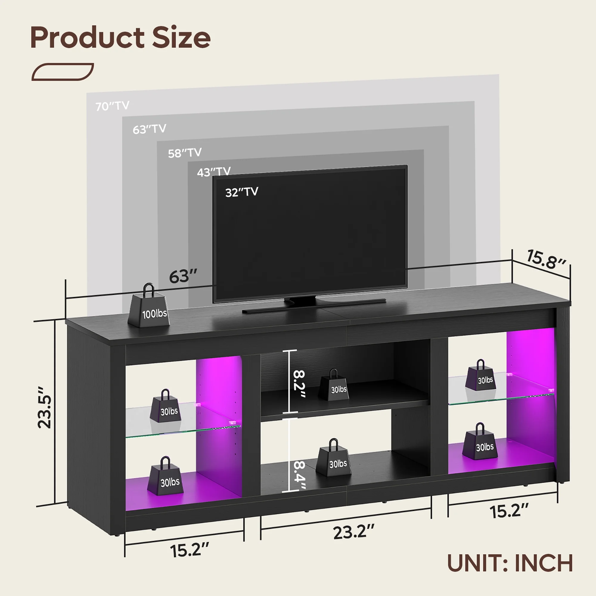 Bestier LED TV Stand for TVs up to 70", Entertainment Center with Storage Shelves, Black