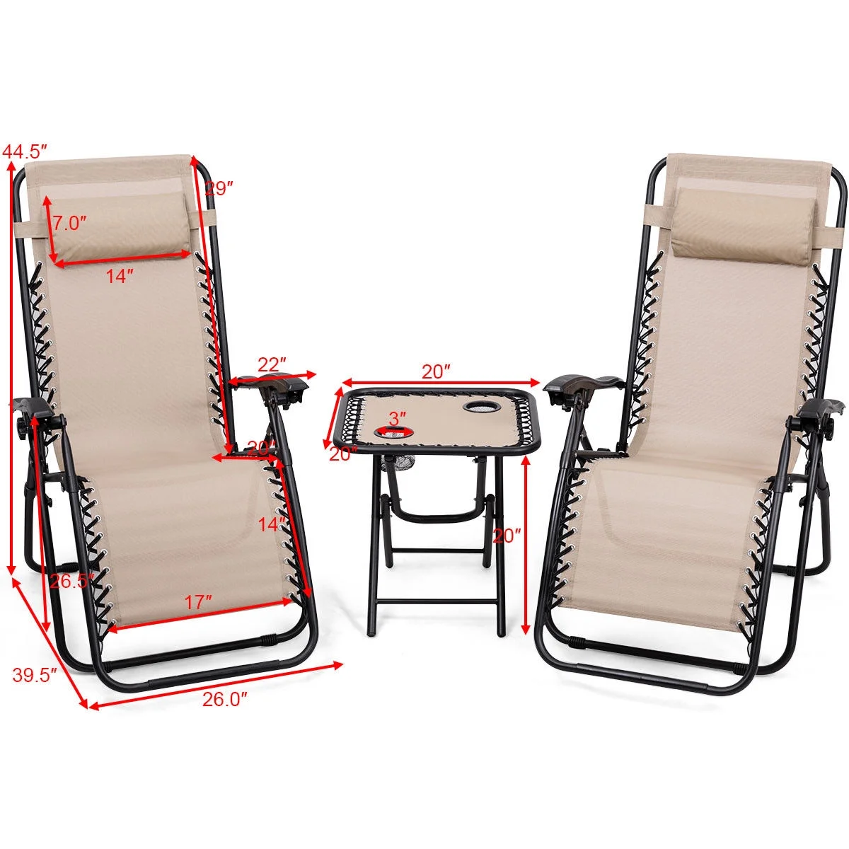 Gymax 3PC Zero Gravity Reclining Lounge Chairs Pillows Table Portable Folding Beige