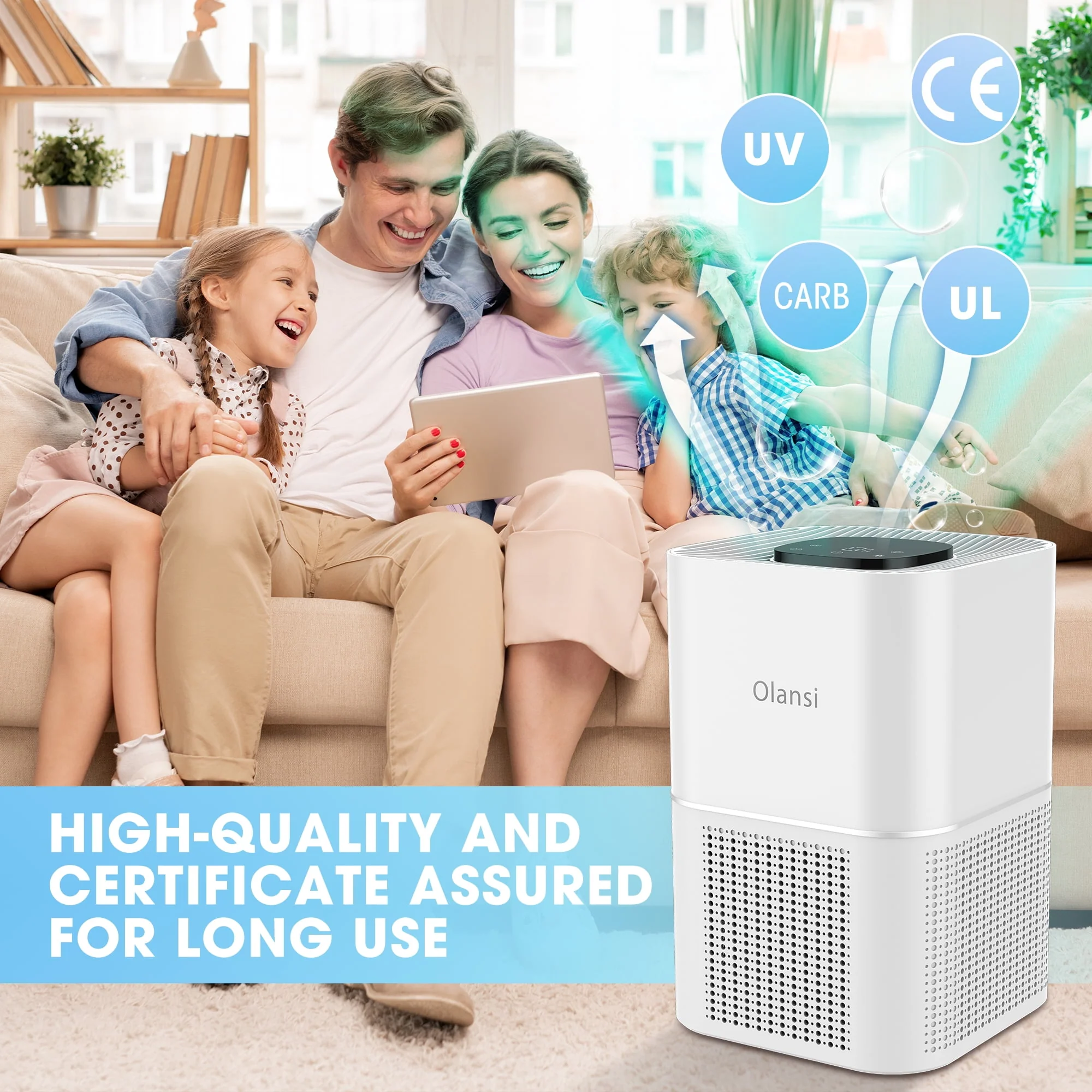 Olansi Air Purifier for Home, 1300 sq.ft True  for Cat  Hair and Dog Hair Allergy and Asthma Smoker Portable Quiet H13 HEPA  Air Purifier ,3 in 1 Filter