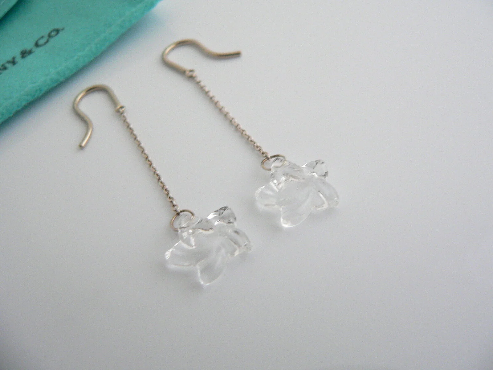 Tiffany & Co Peretti Silver Rock Crystal Star Dangle Earrings Studs Gift Pouch