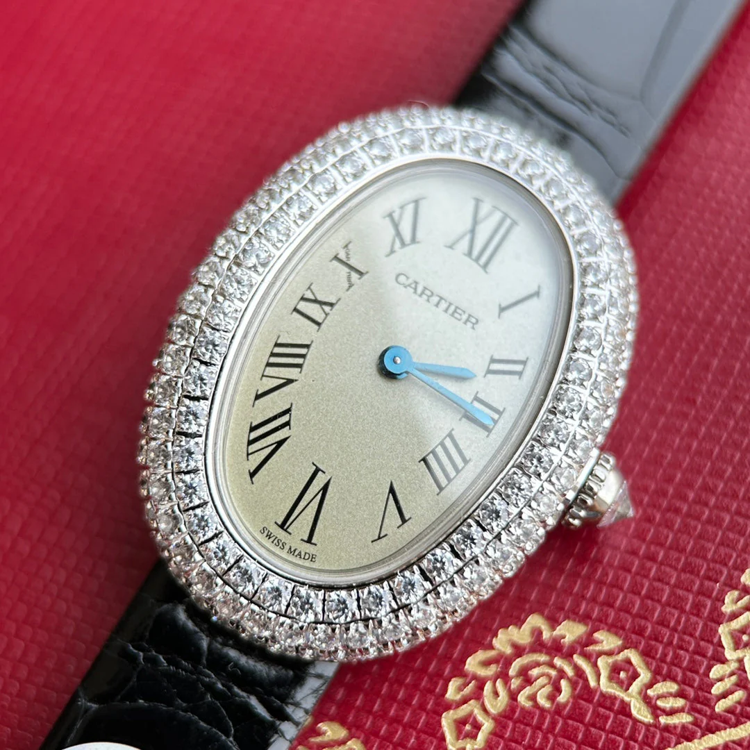 Cartier Watch Baignoire 23mm Silver Case Diamond Bezel Black Leather Strap