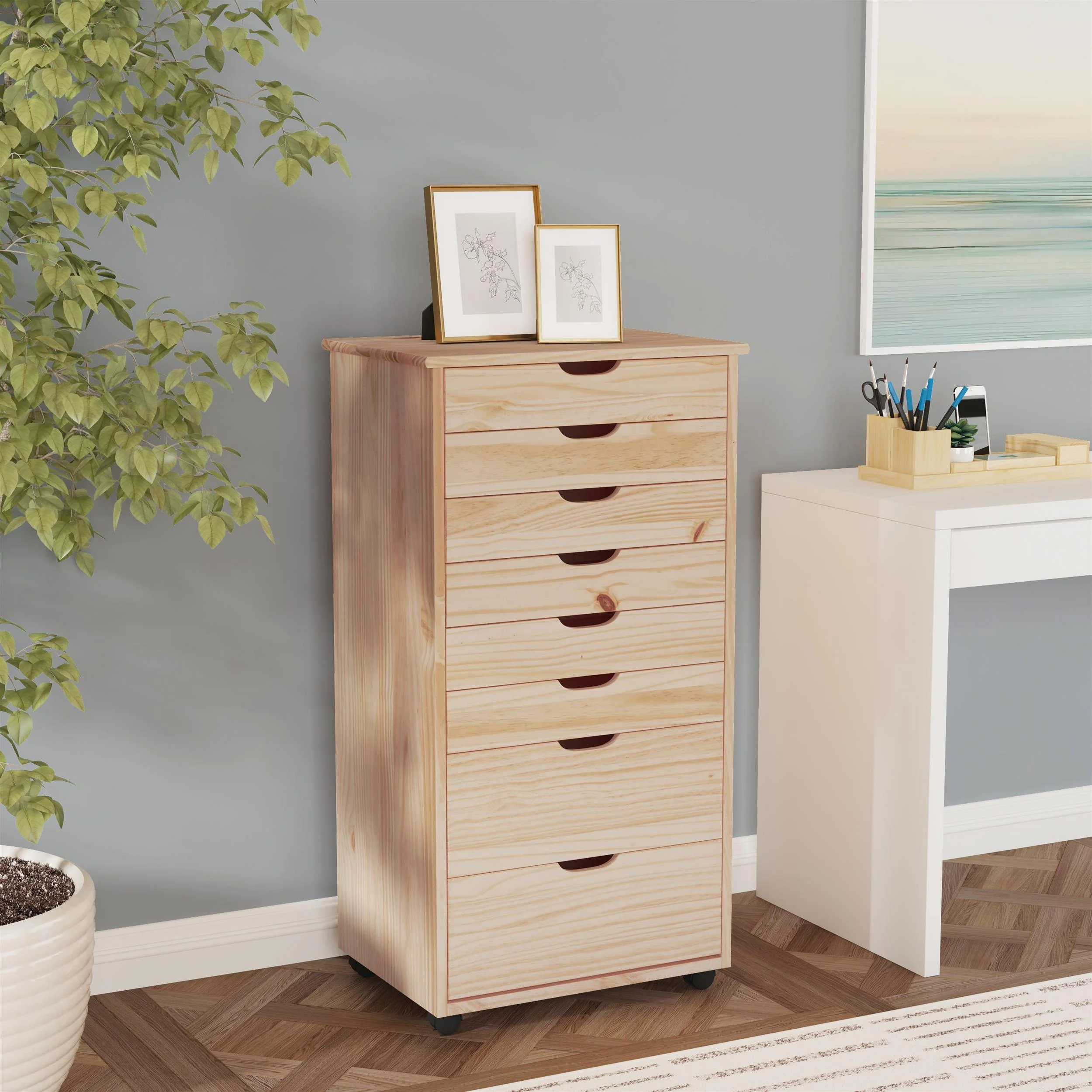 Linon Callie Eight Drawer Rolling Storage Cart in Natural Stained Wood