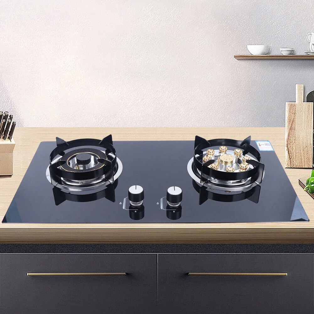TFCFL Natural Gas Cooker Gas Cooktop 2 Burner Built-in Stove Gas Kitchen Cooking Black