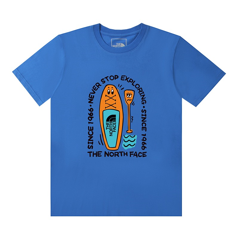 Blue casual sports round-neck T-shirt with cartoon letters and boat oar print