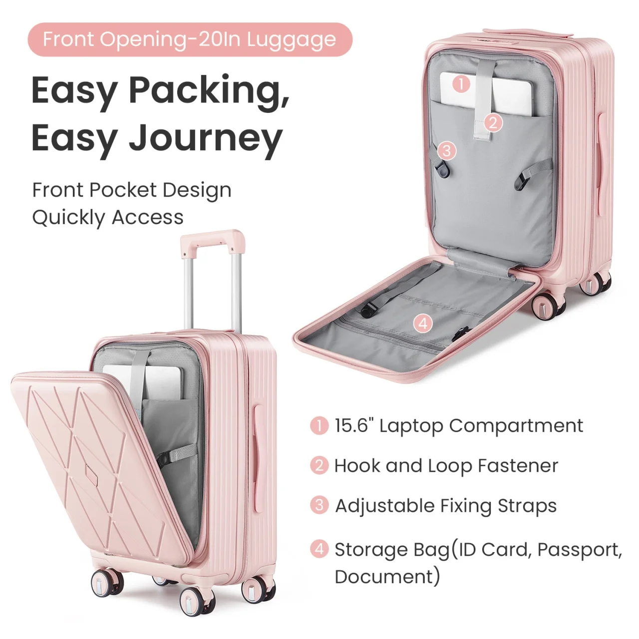 3 Piece luggage sets, Expandable Luggage 20/24/28 Inches with TSA Lock, PC Hardshell Luggage with Front Compartment, Airline Approved, Pink