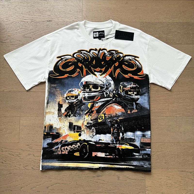 White skeleton head racer print vintage distressed print pure cotton short-sleeved shirt