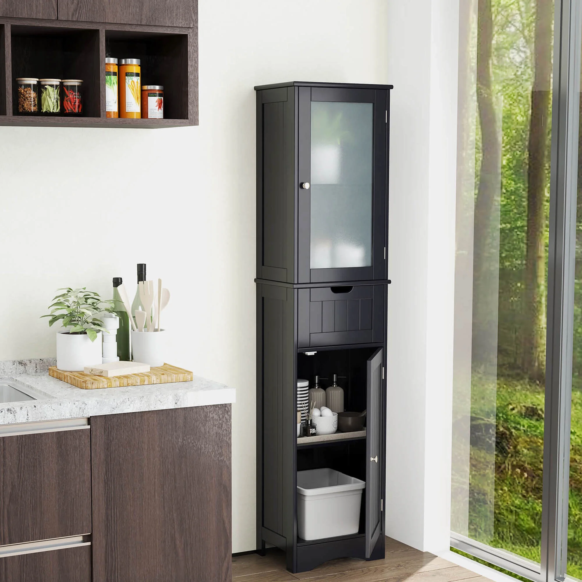 Costway Tall Bathroom Cabinet with Adjustable Shelves Deep Drawer for Living Room Black