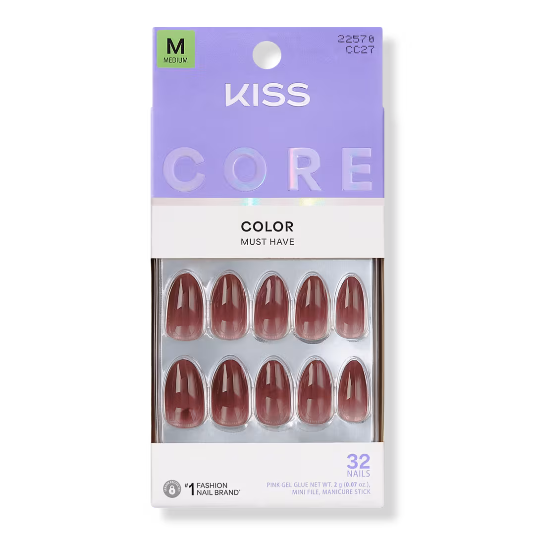 Kiss  Core Color Medium Almond Press On Nails, Pinot Noir
