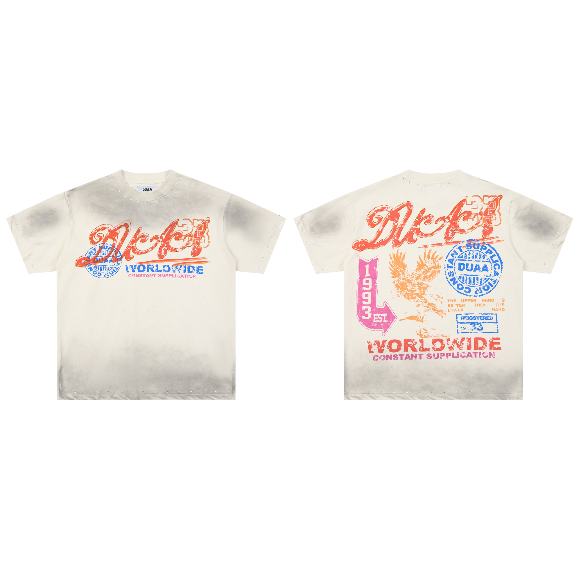 Hot-fixed diamond, distressed, ripped, pure cotton short-sleeved T-shirt