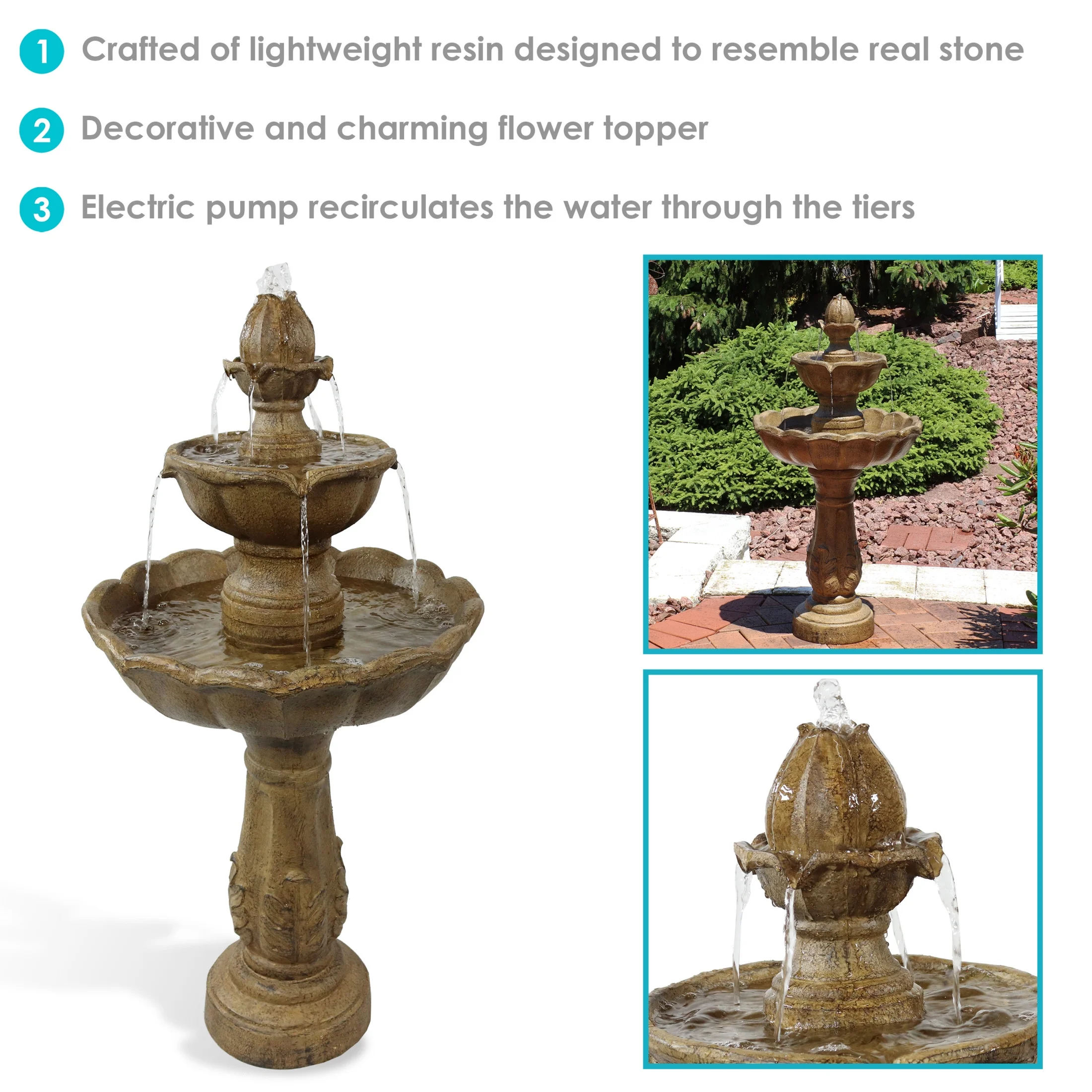 Sunnydaze Blooming Flower Light Brown Resin 2-Tier Outdoor Water Fountain