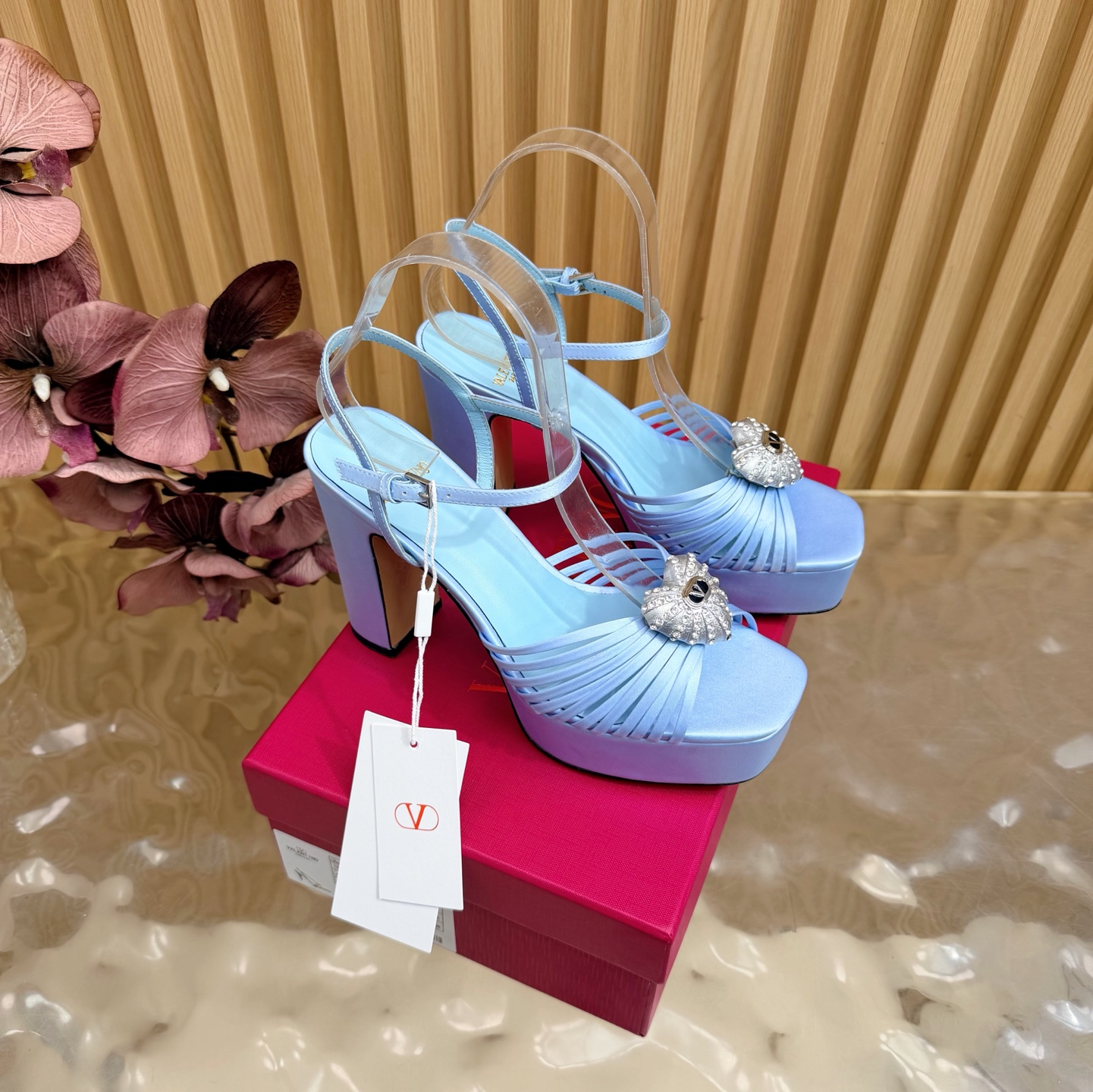 Valentino Garavani Sky Blue VLogo Crystal Brooch Satin Multi Straps Platform Square Toe Chunky Heel Sandals