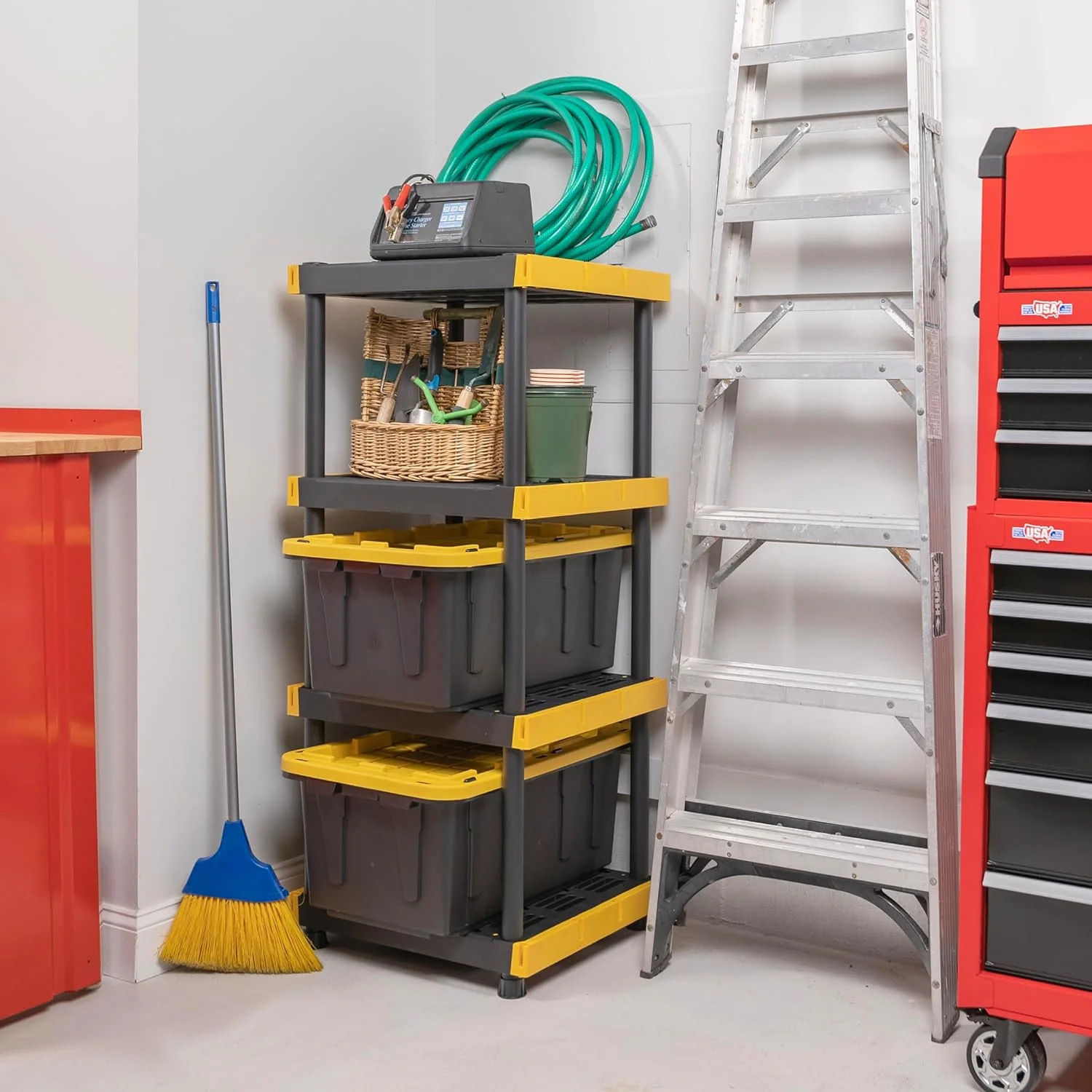 BLACK & YELLOW 4-Tier Heavy Duty Plastic Storage Shelving Unit, 100lbs/shelf (55"H x 24"W x 20"D), for Indoor/Outdoor Organization, Modular Rack, Extremely Durable, Made in The USA