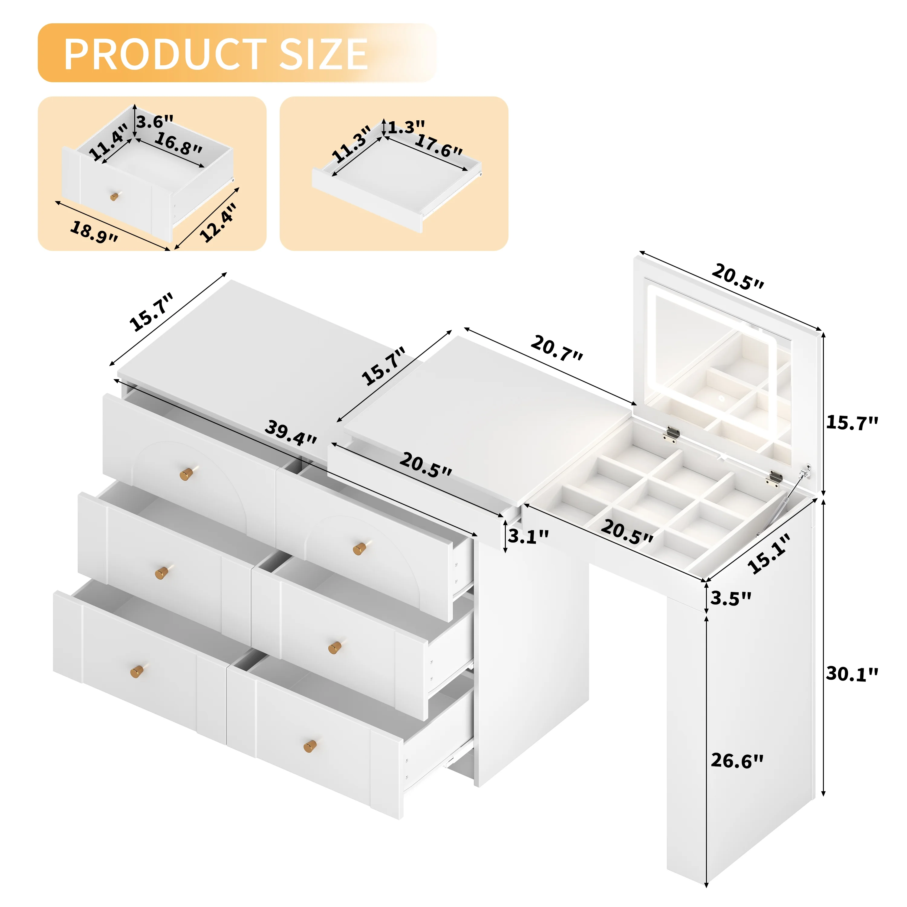 MDQMD White Makeup Vanity with 7 Drawers and Mirror with Light,Modern Flip Top Dressing Table with Large Storage for Bedroom