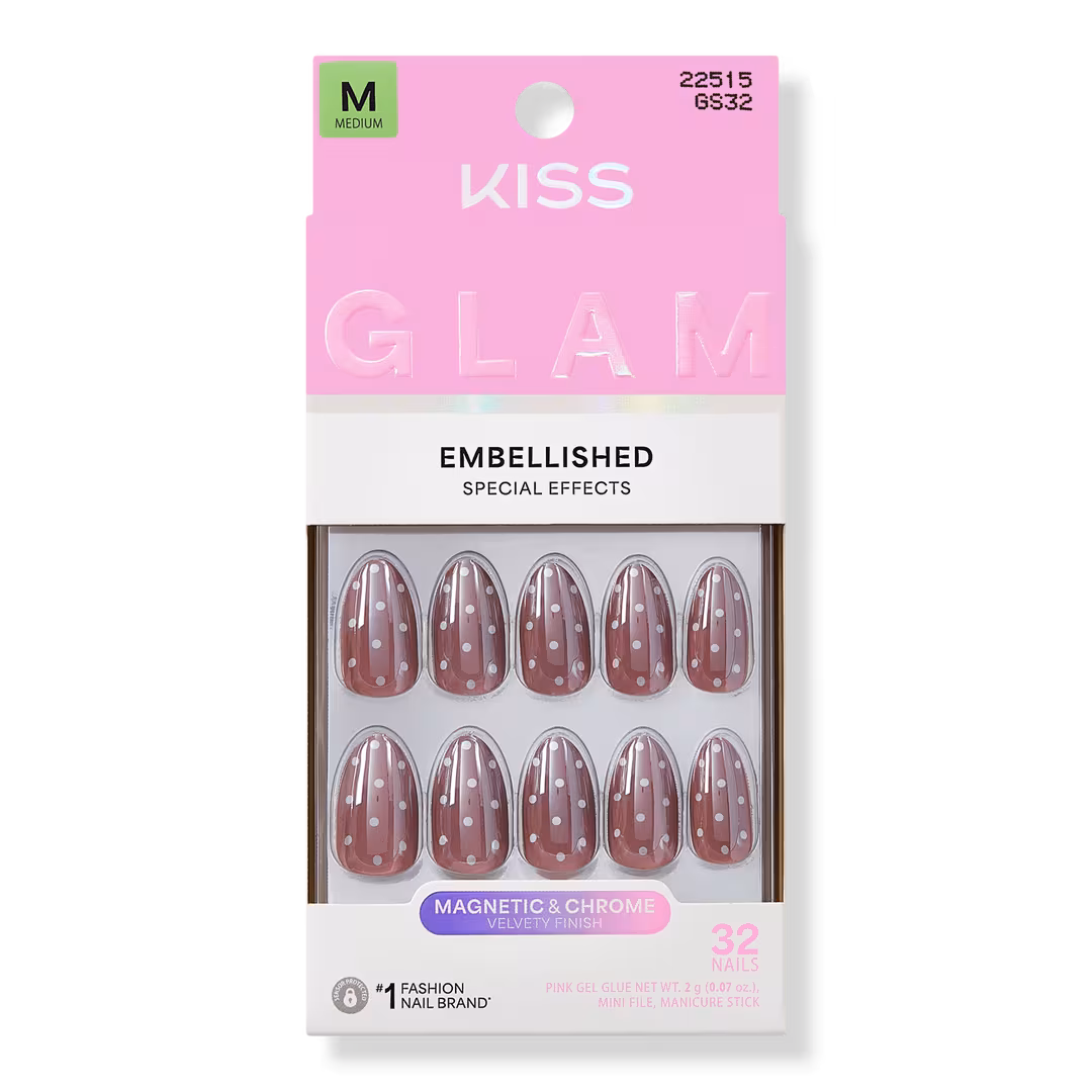 Kiss  Glam Embellished Medium Almond Press On Nails, Velvet Noir
