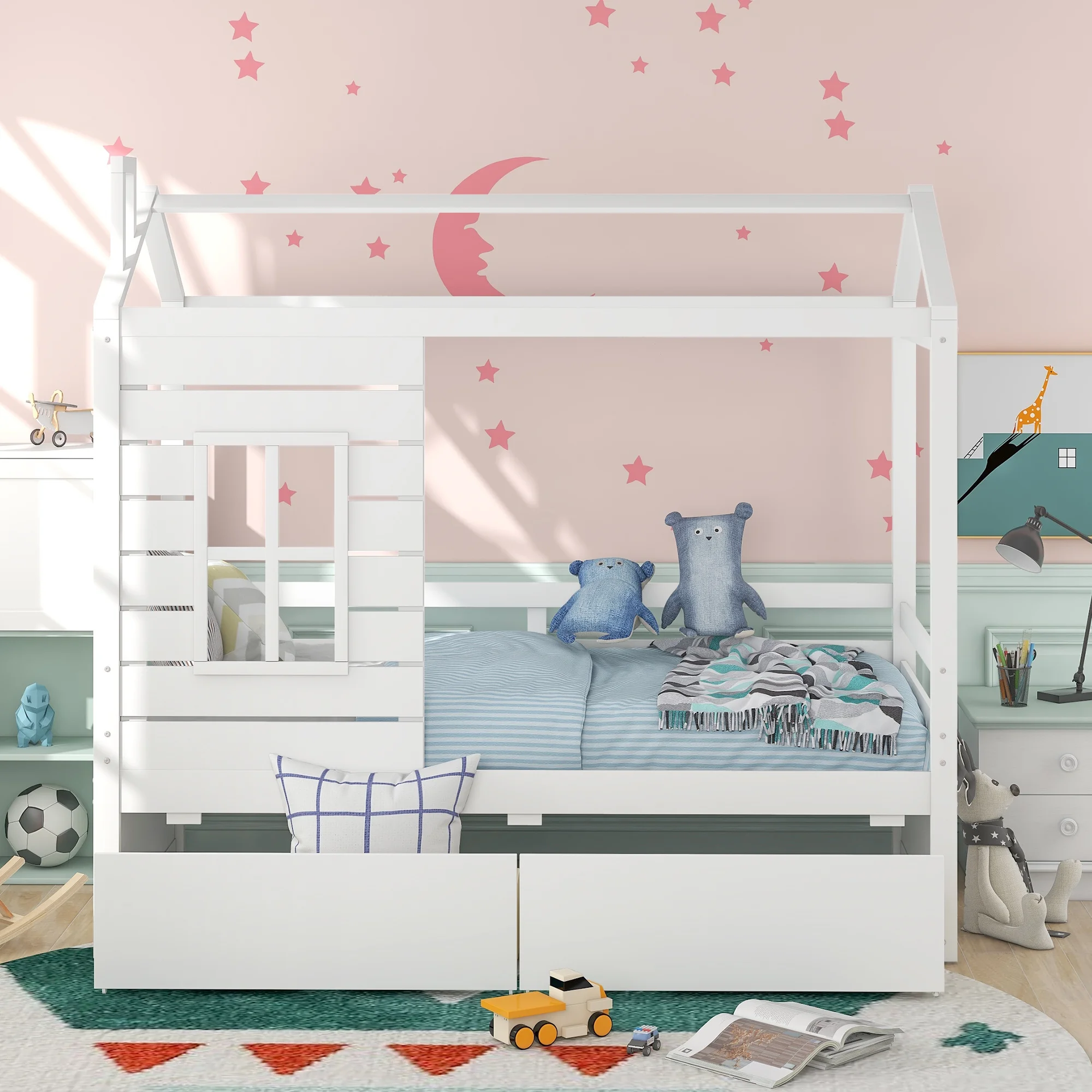 Harper & Bright Designs Twin House Bed with Tent, House Twin Bed Frame with Storage Drawer and Roof, White